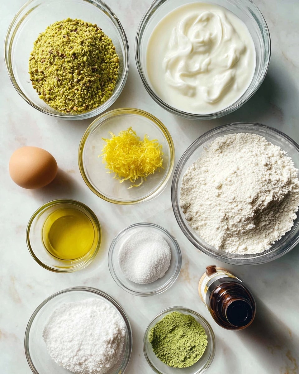This image shows various clear glass bowls and a cup arranged neatly on a white marbled surface, each holding different baking ingredients. At the top left, there is a bowl filled with light green ground pistachios, next to it is a bowl with white milk, and to the right is a bowl with thick white yogurt showing a whipped texture. Below the pistachios, a large bowl holds white flour with a soft powdery look. In the middle, there is a small bowl with bright yellow lemon zest, and below it, another bowl holds a small amount of green matcha powder. To the right of the lemon zest are two smaller bowls, one with white baking powder and baking soda, and the other partially visible with white sugar. At the bottom left, a clear cup contains golden olive oil. An egg is placed near the bottom right, next to a dark bottle of vanilla extract. The scene is calm and clean with a soft natural light, photo taken with an iphone --ar 4:5 --v 7