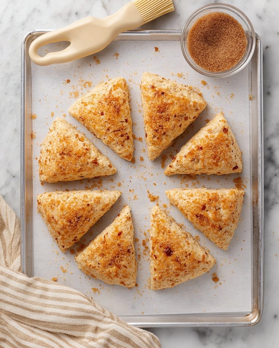 Eight triangular scones with a light golden brown crust are arranged in a circle on a white parchment paper-lined metal baking sheet. The scones have a slightly rough texture with small pieces visible inside, and some crumbs are scattered around them on the parchment paper. The baking sheet is placed on a white marbled surface, with a beige silicone pastry brush and a small bowl of brown sugar positioned at the top. A striped beige and white cloth is partially visible at the bottom left corner. Photo taken with an iphone --ar 4:5 --v 7