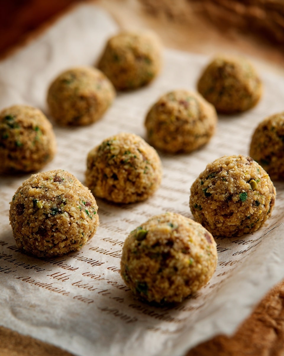 The image shows nine rounded cookie dough balls placed in three rows on white parchment paper with printed text on a white marbled surface. The dough is coarse and grainy with green and light brown bits giving a textured appearance. A silver ice cream scoop with some dough inside it is positioned at the bottom right corner beside the dough balls. The background shows a soft focus of a wooden surface in warm brown tones. Photo taken with an iphone --ar 4:5 --v 7