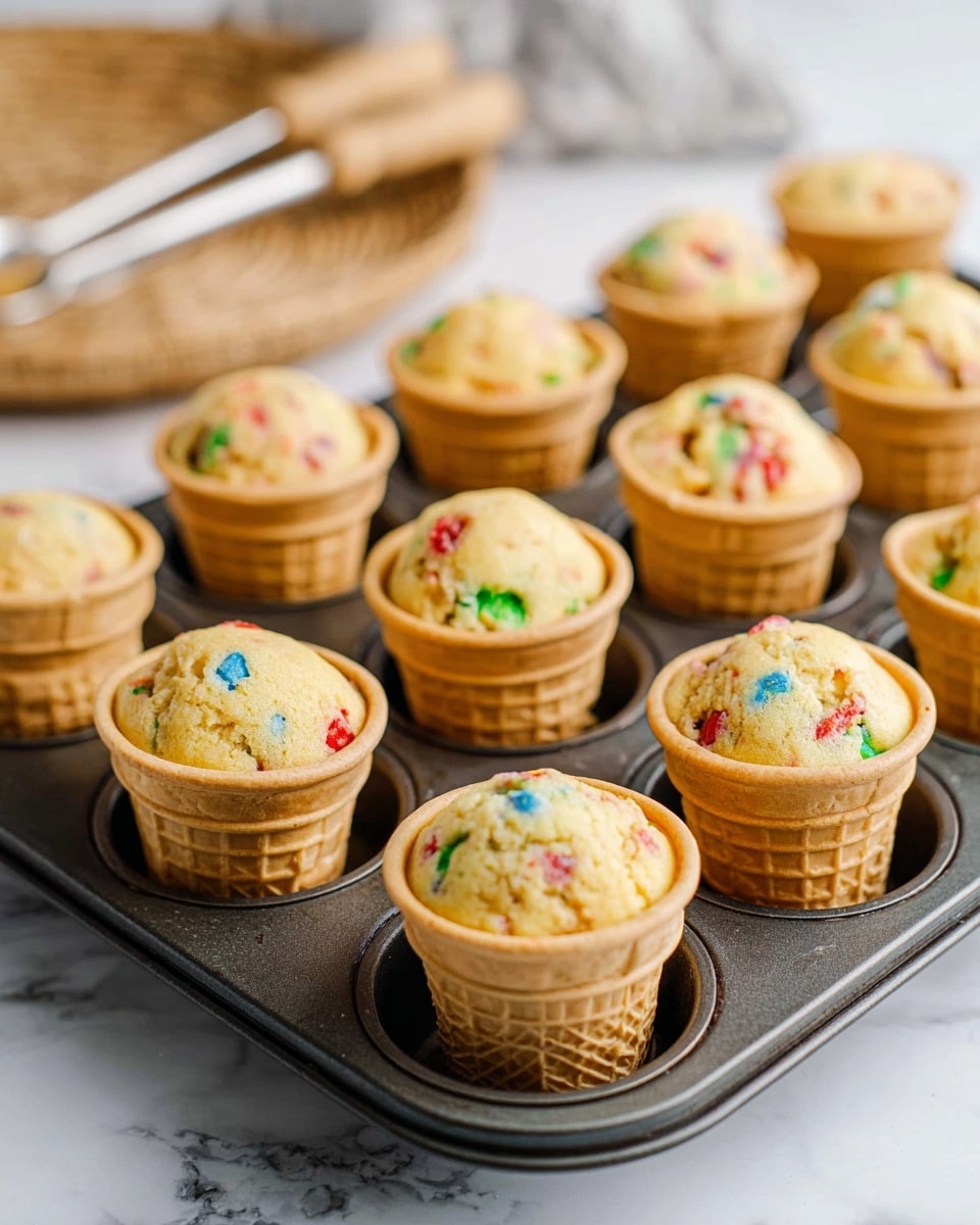 A dark metal muffin tray holds 18 mini ice cream cone cupcakes evenly spaced, each with a light golden brown baked cake layer full of small colorful candy bits in red, green, and blue that peek through slightly cracked tops. The cupcakes sit neatly inside the light beige wafer cones that have visible waffle textures. The scene is set on a white marbled textured surface with a soft focus on the background where a blurred round wicker basket and some kitchen tools can be seen. The lighting is bright and natural, highlighting the soft texture of the cake and the smoothness of the cones. photo taken with an iphone --ar 4:5 --v 7