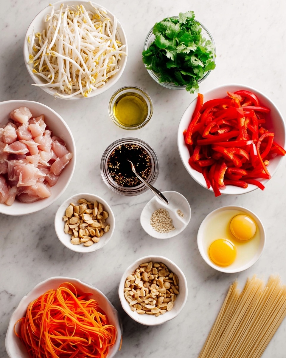 The image shows nine small white bowls and a glass cup arranged on a white marbled surface. One large white bowl at the bottom left contains raw pink sliced chicken pieces. Above it to the right is a medium white bowl filled with bright red bell pepper strips. To its right, another medium white bowl holds two raw yellow eggs with a fork inside. At the top left, there is a small white bowl filled with white and brown bean sprouts. Next to it on the right is a small glass cup filled with fresh green cilantro leaves. Between the chicken and red peppers is a glass measuring cup containing dark brown sauce with seeds and a spoon. Near the sauce cup is a small white bowl with golden olive oil. Centered is a small white bowl filled with chopped brown peanuts. Below that is a small clear glass bowl with thin green chili slices. At the bottom left corner, a white bowl contains shredded orange carrots. To the bottom right of the eggs is a bundle of uncooked light beige rice noodles. The overall setup is neat and colorful. Photo taken with an iphone --ar 4:5 --v 7