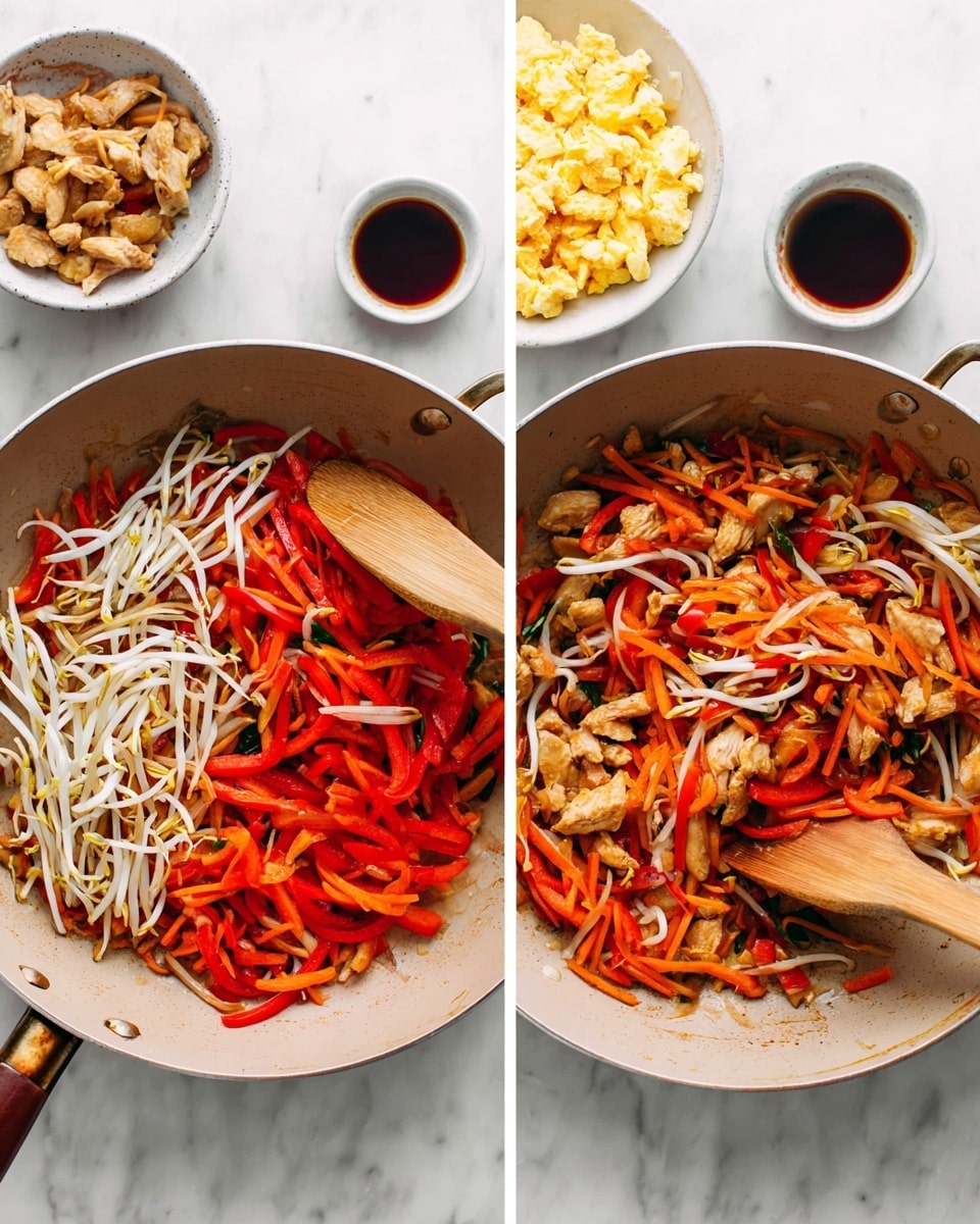 The image shows two side-by-side photos of a cooking pan on a white marbled surface. In the left photo, the pan contains three layers: at the bottom are thin red bell pepper strips, in the middle are orange carrot shreds, and on top are white bean sprouts. A wooden spatula is resting inside the pan. Next to the pan, on the right, there is a small white bowl of dark sauce, and behind the pan, on the top right, there is a white plate filled with scrambled eggs. On the lower left side of the pan, a white bowl holds cooked pieces of chicken. The right photo shows the same pan with the ingredients stirred together, blending the red bell pepper, orange carrot, and white bean sprouts evenly. The wooden spatula is in motion, mixing the contents. The same items remain around the pan. photo taken with an iphone --ar 4:5 --v 7