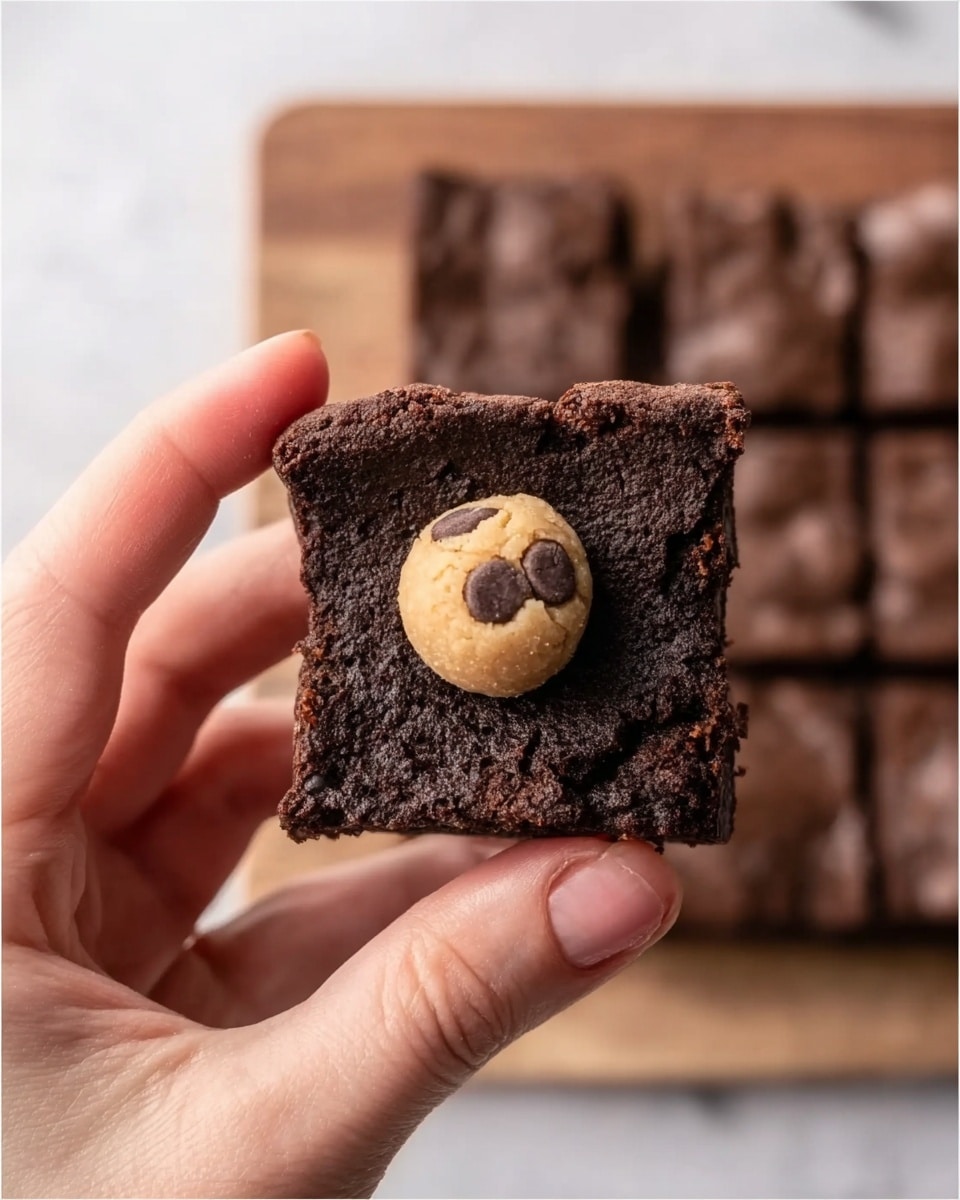 A woman's hand holds a small, dark brown square piece of soft brownie with rough edges. On top, in the middle, there is a small round ball of light tan cookie dough with visible chocolate chips. In the background, there is a blurred image of more brownie squares on a white marbled surface. photo taken with an iphone --ar 4:5 --v 7