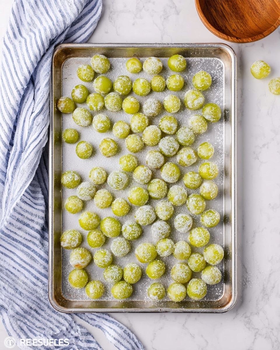 The image shows a large silver baking tray filled with small, round green grapes that are evenly coated with granulated sugar. The grapes are scattered across the tray, which has a grooved texture. The tray is placed on a white marbled surface, with a blue and white striped cloth and a metal whisk handle visible on the left side. A wooden bowl and a brown rectangular container are also partly visible at the top right and top left corners of the image. Photo taken with an iphone --ar 4:5 --v 7