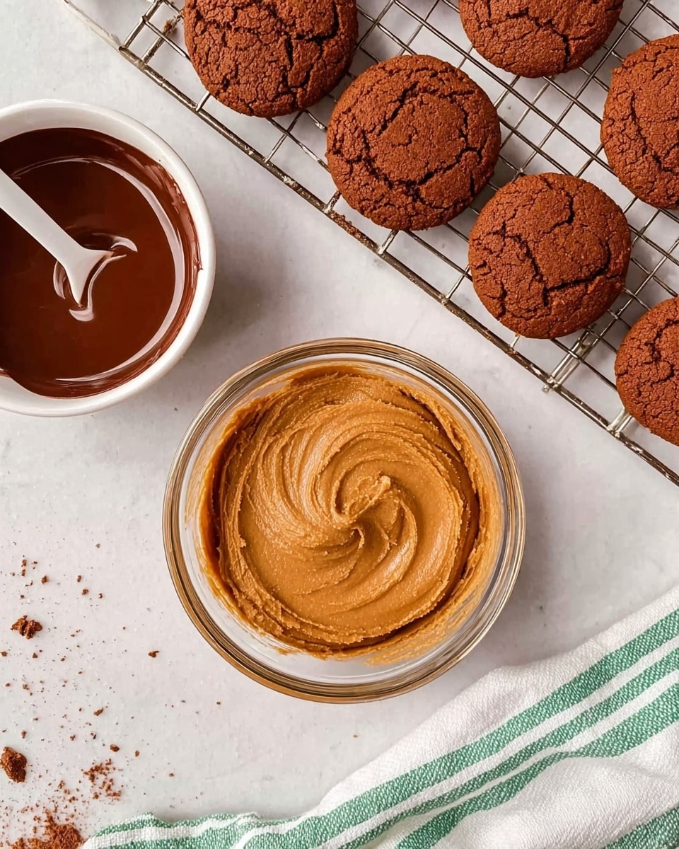 The image shows a white marbled surface with a cooling rack holding eight round, dark brown cookies that have a slightly cracked texture. Below the rack are two clear glass bowls: one on the left filled with smooth, dark chocolate sauce with a white spatula in it, and one in the center filled with creamy, light brown peanut butter. A green and white striped cloth is partially visible in the bottom right corner. The colors contrast softly against the white marbled background, and the scene has a clean, cozy baking feel. photo taken with an iphone --ar 4:5 --v 7
