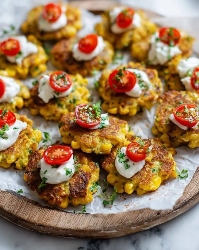 Corn Fritters with Whipped Feta and Cherry Tomato Topping Recipe