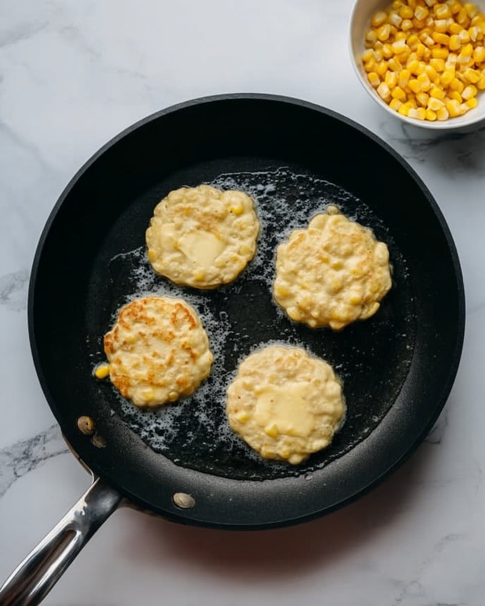 A black frying pan holds four round, uneven pancakes cooking in melted butter, each pancake light yellow with visible corn kernels mixed in, giving a bumpy texture; the pan rests on a white marbled surface with a white bowl filled with bright yellow corn kernels nearby. Photo taken with an iphone --ar 4:5 --v 7