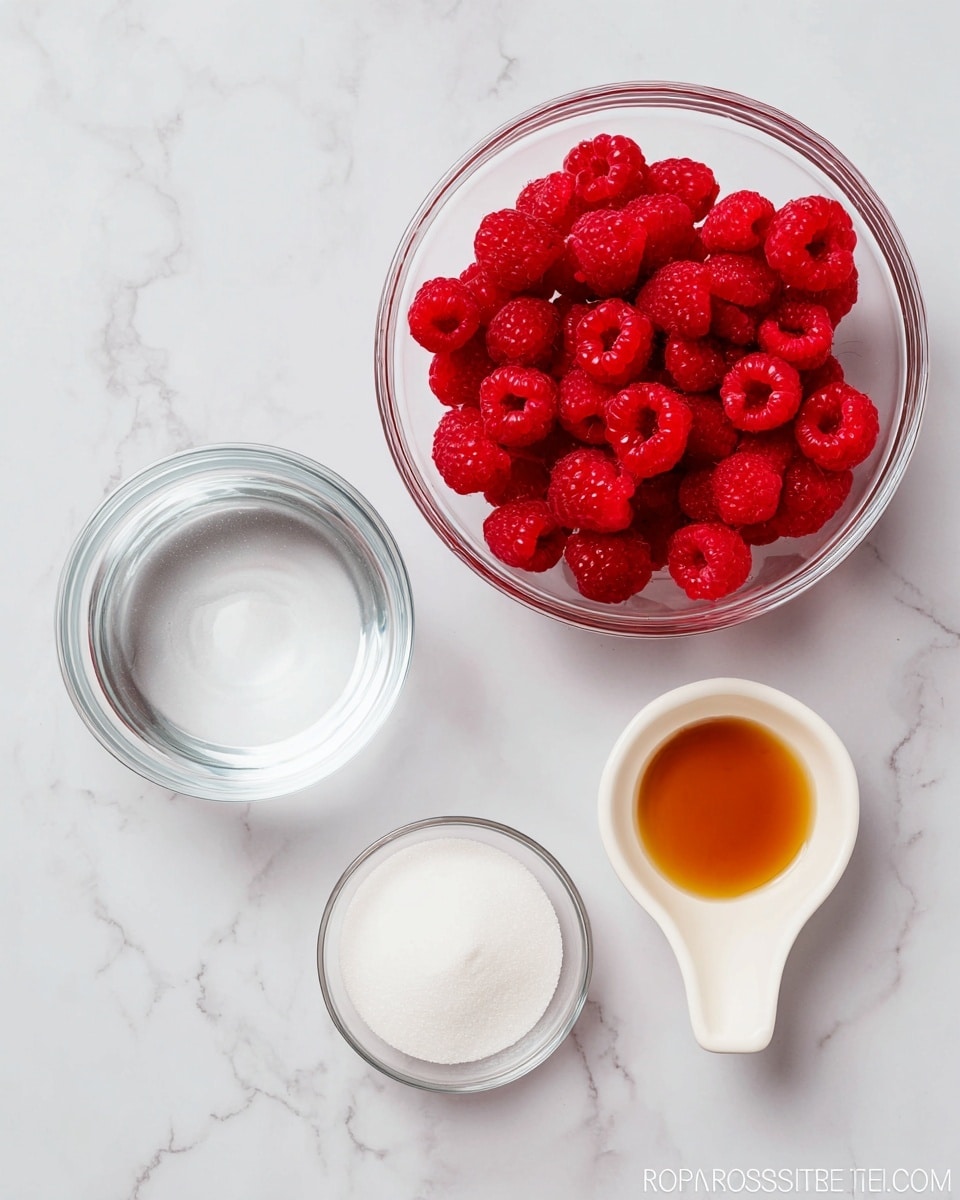A top view of four small white dishes arranged on a white marbled surface showing ingredients: a large clear glass bowl top left filled with bright red raspberries, a medium clear glass bowl to the right mostly filled with white granulated sugar, a small clear glass bowl bottom left with clear water, and a small white ceramic spoon-shaped dish bottom right holding amber-colored vanilla extract. The scene is bright and clean, highlighting the fresh colors and simple textures photo taken with an iphone --ar 4:5 --v 7