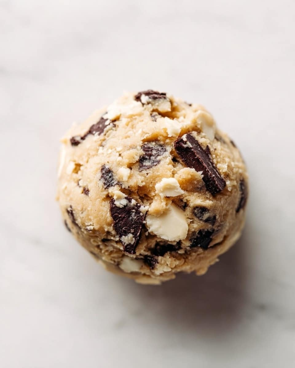 A close-up view of a single round cookie dough ball resting on a white marbled surface. The dough is light golden in color with visible dark brown chocolate chunks and small white bits spread unevenly throughout. The texture looks soft and slightly sticky, with small crevices showing the mixed ingredients embedded inside. photo taken with an iphone --ar 4:5 --v 7