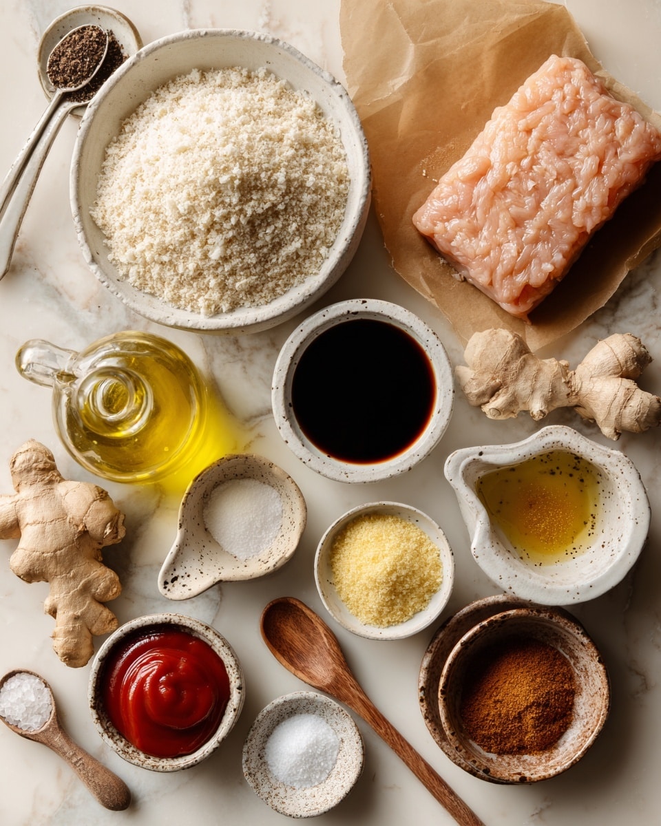 The image shows an arrangement of cooking ingredients on a white marbled surface. There is a large white bowl filled with off-white panko breadcrumbs positioned near the top left. To its right is a small white bowl with yellow beaten egg. A rectangular block of pale pink ground chicken rests on brown paper near the top right. Below the breadcrumbs, a glass bottle of light yellow olive oil sits next to a small white pitcher of dark soy sauce. A small clear glass container with light rice vinegar is close to the ground chicken. At the bottom left, a small speckled white dish holds coarse white salt with a wooden spoon. Fresh light brown ginger root is next to a tiny white bowl filled with light yellow grated ginger near the center. A small white spoon of pale onion powder is beside the ginger bowl. Nearby, a rustic brown-edged bowl contains two mounds of brown sugar. On the right, a tiny white bowl is full of light yellow garlic, and a small wooden bowl holds black pepper with a wooden spoon. At the bottom, a white bowl with bright red sriracha sauce holds a silver spoon. The overall setup is neat and well lit. Photo taken with an iphone --ar 4:5 --v 7