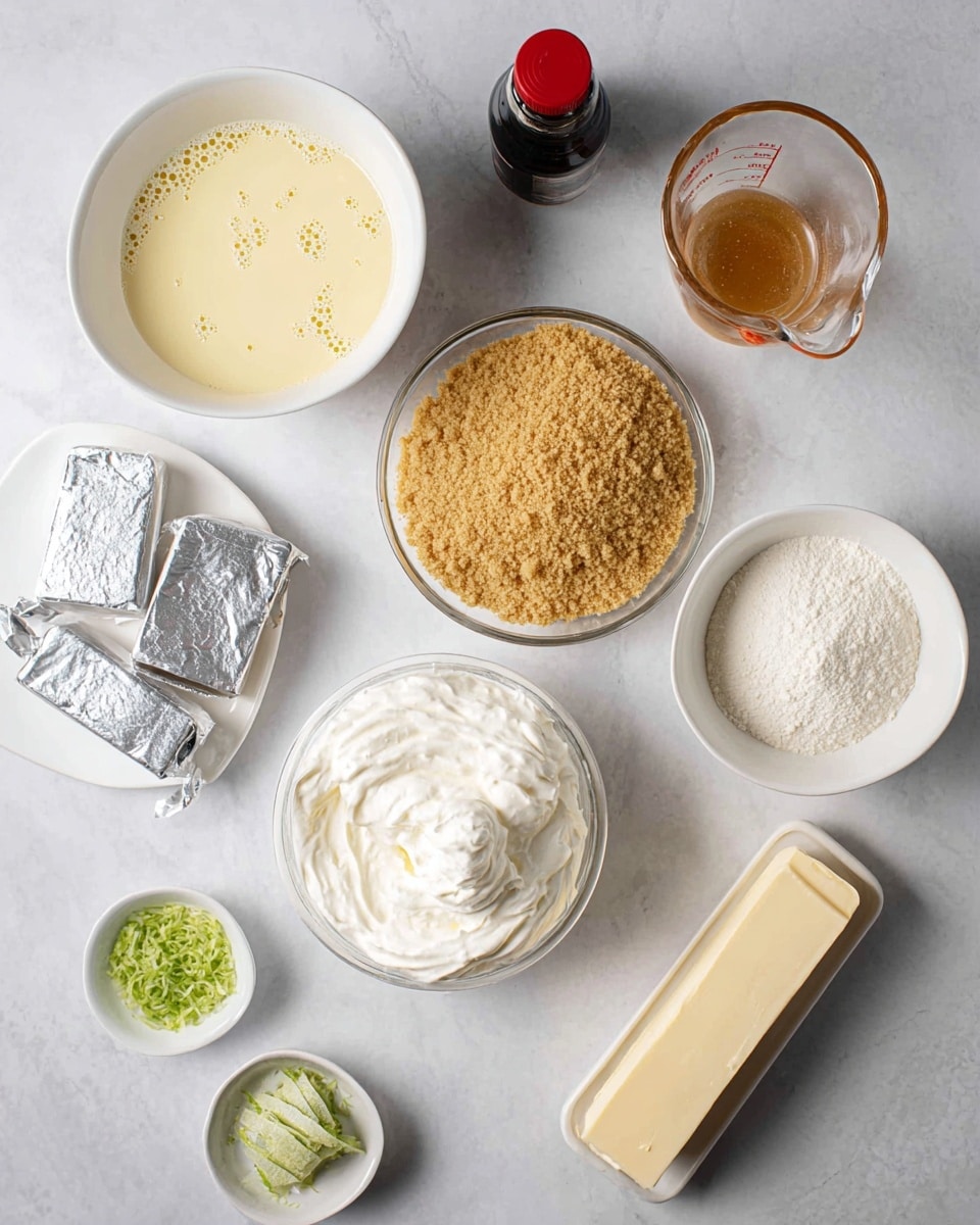 The image shows several white bowls and a glass measuring cup arranged on a white marbled surface. At the center is a clear bowl filled with a tan, crumbly texture that looks like crushed graham crackers. Above it, a white bowl contains a smooth, light yellow mixture with small bubbles on top. To its right, another white bowl is filled with a fine white powder. Below that, a white bowl holds a creamy white substance with a soft and thick texture. Further down, a larger white bowl overflows with fluffy whipped cream. Near the bottom right side, a stick of butter with orange markings lies flat on the surface. To the left, a small white dish contains bright green lime zest. Two silver-wrapped blocks are placed side by side toward the lower left corner. A small dark bottle with a red cap is near the upper left, beside a glass measuring cup filled with a light brown liquid. The photo taken with an iphone --ar 4:5 --v 7