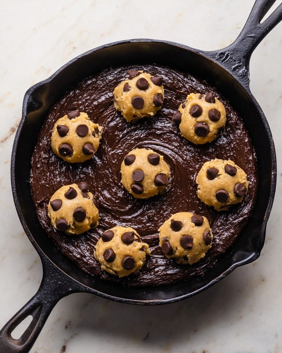 The image shows a round black cast iron skillet filled with a dark chocolate batter as the base layer, smooth and thick with a shiny texture. On top, there are nine dollops of light tan cookie dough, evenly spaced in a circular pattern, each studded with several dark chocolate chips that add texture and contrast. The skillet rests on a white marbled surface, and the overall look is rich and inviting, with the dark and light layers creating a clear contrast. Photo taken with an iphone --ar 4:5 --v 7