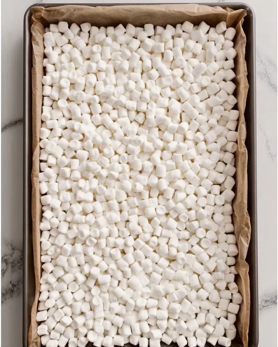 A large rectangular baking tray filled with a single thick layer of small, white mini marshmallows evenly spread across the whole surface, creating a uniform, soft white texture. The tray is placed on a white marbled surface, and the tray edges are lined with parchment paper. Photo taken with an iphone --ar 4:5 --v 7