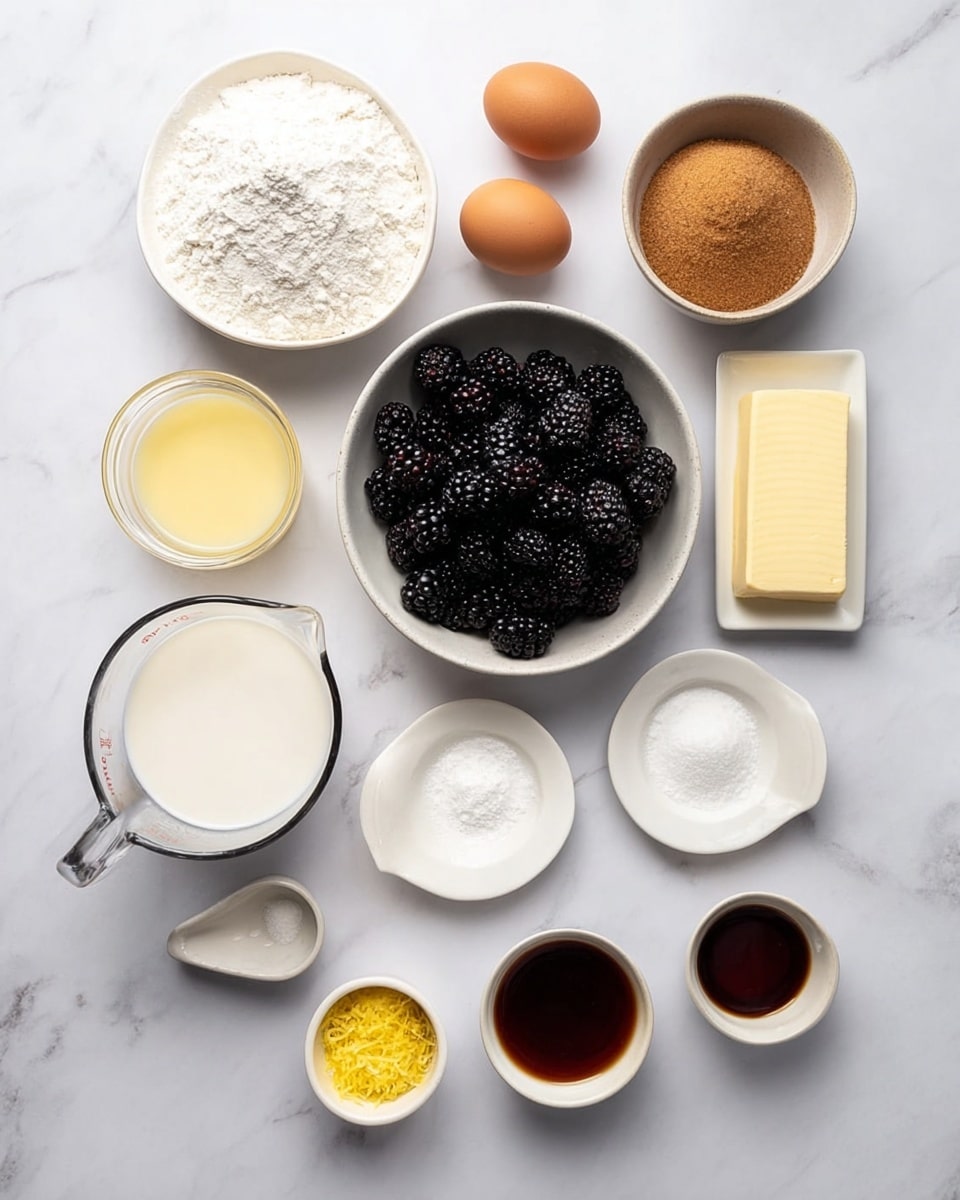 The image shows 11 bowls and dishes arranged neatly on a white marbled surface. At the top center is a white bowl filled with white flour, below it to the center is a light gray bowl full of shiny, dark blackberries. To the right of the blackberries, there is a white bowl with brown sugar and two brown eggs beside it. At the bottom left corner, a white pitcher with a juicer holds a light yellow liquid, while next to it is a glass measuring cup with milk. In the center bottom, a small marble bowl contains white salt and baking soda, with a tiny white bowl next to it holding bright yellow lemon zest. At the bottom right, a small white creamer cup carries dark amber vanilla extract, and to its left, another small white cup contains a darker reddish-brown liquid. Above the flour, a small white plate has a rectangular stick of butter. Each item is clear and simple, with a clean look on the white marbled background. Photo taken with an iphone --ar 4:5 --v 7