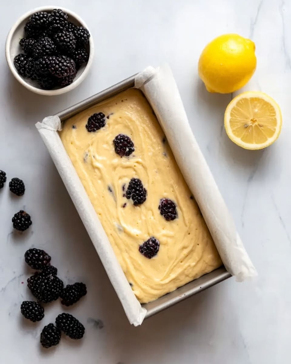 A rectangular loaf pan lined with white parchment paper holds a thick, creamy light yellow batter with a slightly swirled texture, dotted with a few blackberries on the surface. The pan sits on a white marbled surface. To the right, there is a half lemon with the inside facing up and a whole lemon next to it. To the left, a small white bowl filled with fresh blackberries is placed, along with a few scattered blackberries on the marble surface below the bowl. photo taken with an iphone --ar 4:5 --v 7