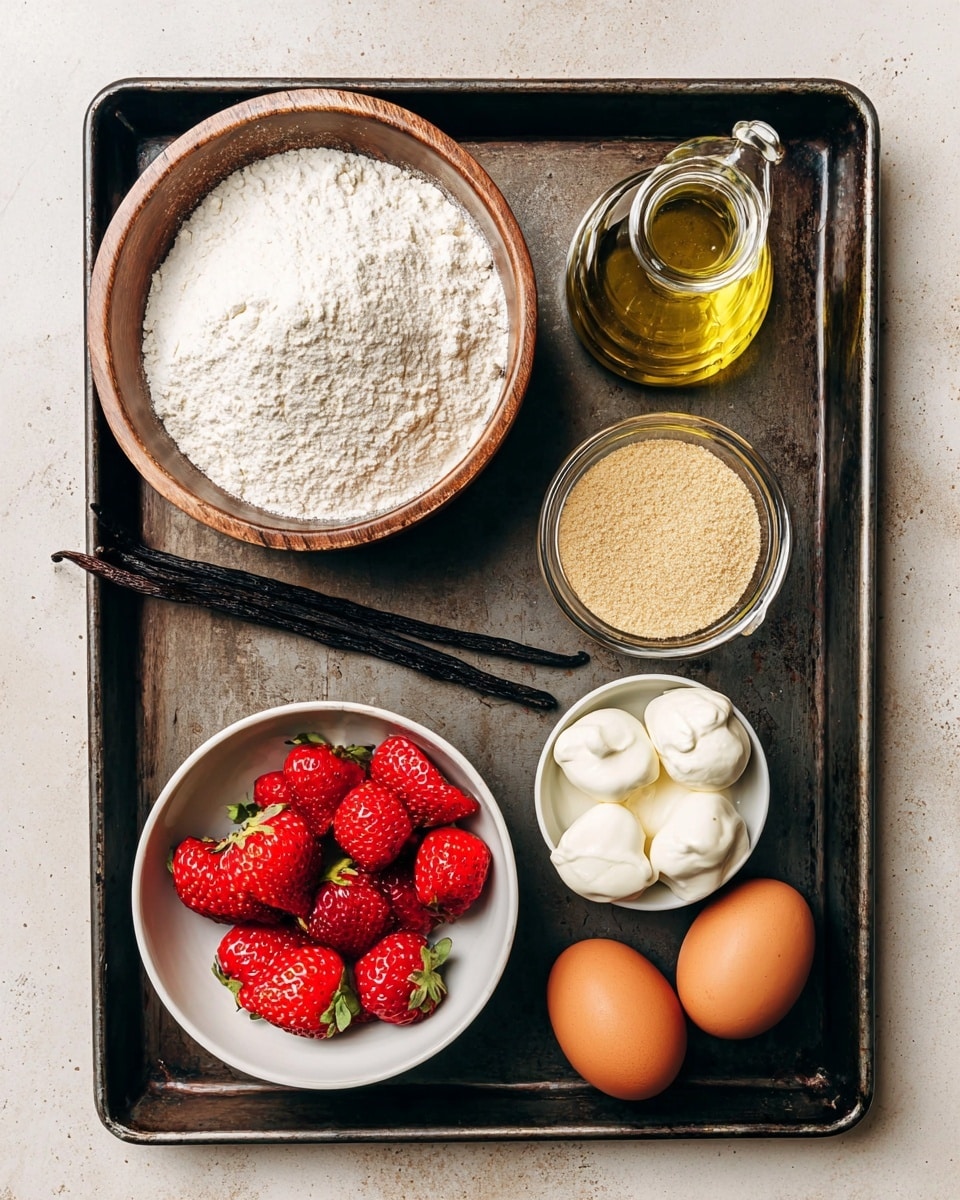A dark metal tray with six cooking ingredients arranged neatly on it sits on a white marbled surface. On the top left inside a round brown wooden bowl is a pile of white flour with a soft texture. To the right of it is a small clear glass bottle filled with golden yellow oil. Below the bottle is a round clear glass bowl filled with light brown sugar grains. On the bottom left inside a white bowl are bright red strawberries, some whole and some sliced in half showing their juicy inner flesh and green leaf tops. Beside the strawberries on the right is a small white bowl holding three soft white cream cheese dollops with smooth texture. Two brown eggs with smooth shells lie next to this bowl on the tray. Two black vanilla beans rest diagonally in the center of the tray. Photo taken with an iphone --ar 4:5 --v 7