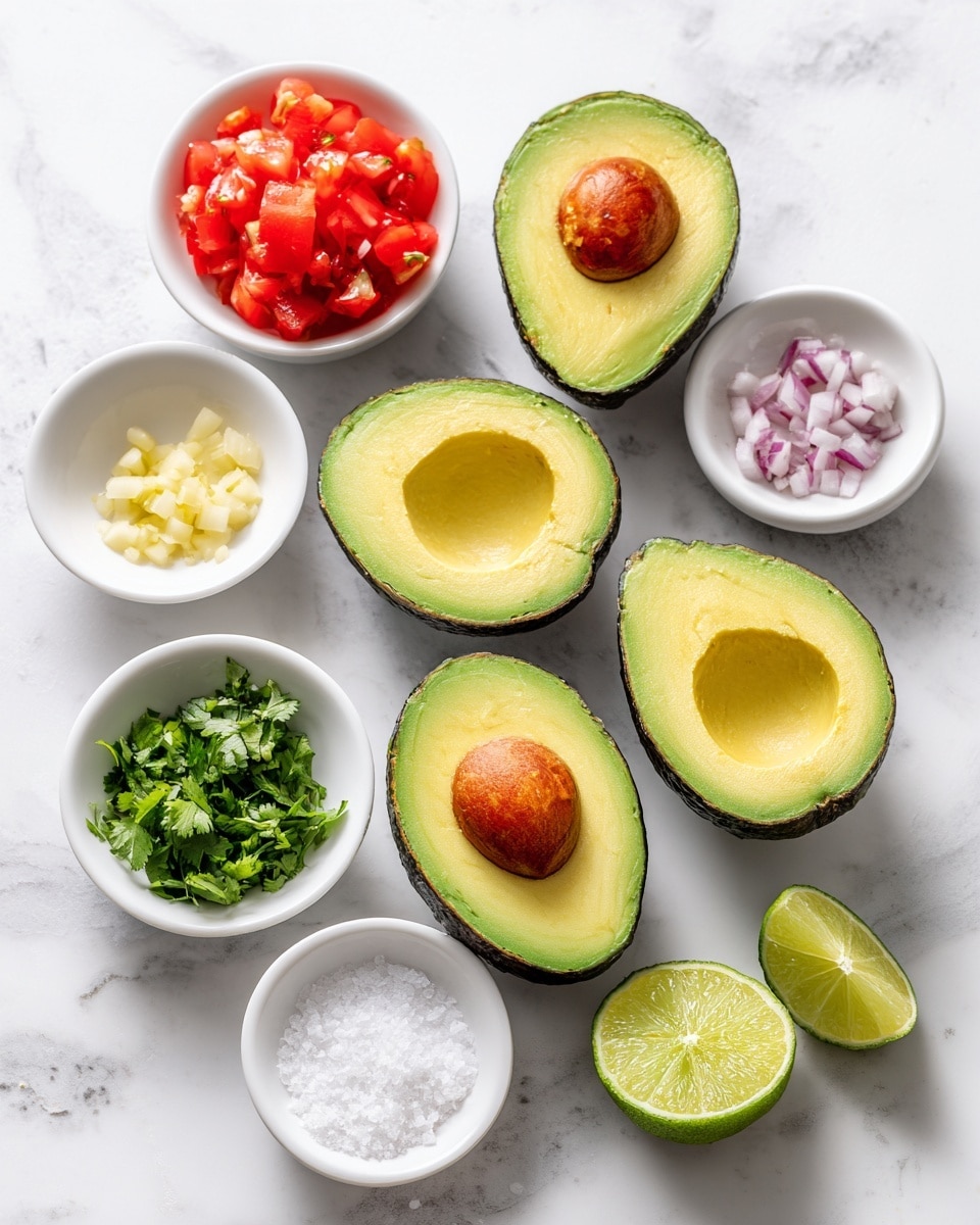 The image shows four avocado halves placed in the middle right area on a white marbled surface, two with seeds and two without, showing their green flesh and dark outer skins. Around the avocados are seven small white bowls arranged neatly: one bowl at top left with red diced tomatoes, below it one bowl with light yellow garlic, next to it a bowl of white salt, below the salt a bowl of green chopped cilantro, and to the right a bowl of white chopped red onion. On the far right side by the avocados, there are two halves of a lime, showing their light green flesh. The whole scene is bright and clean, with all the ingredients spaced out clearly. Photo taken with an iphone --ar 4:5 --v 7