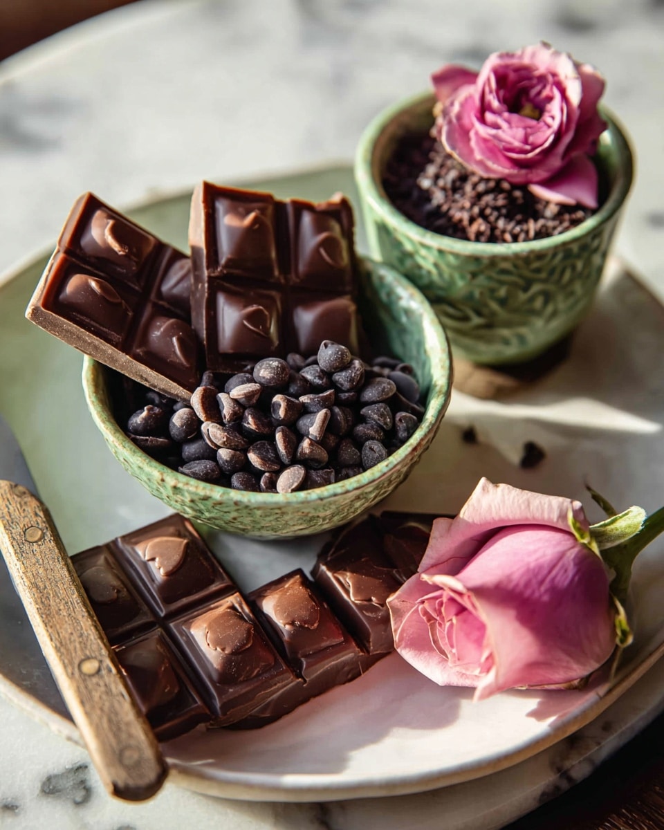 A white plate holds a small green ceramic bowl filled with dark chocolate chips, topped with two pieces of milk chocolate squares with heart patterns. Next to the bowl is a cluster of four milk chocolate squares, also embossed with hearts, resting near the wooden handle of a knife. A pink rose with soft petals lies beside the bowl, adding a delicate touch. In the background, a small green cup filled with dark crumbled chocolate and topped with a pink rose sits on the same plate. All is set on a surface with a white marbled texture. photo taken with an iphone --ar 4:5 --v 7