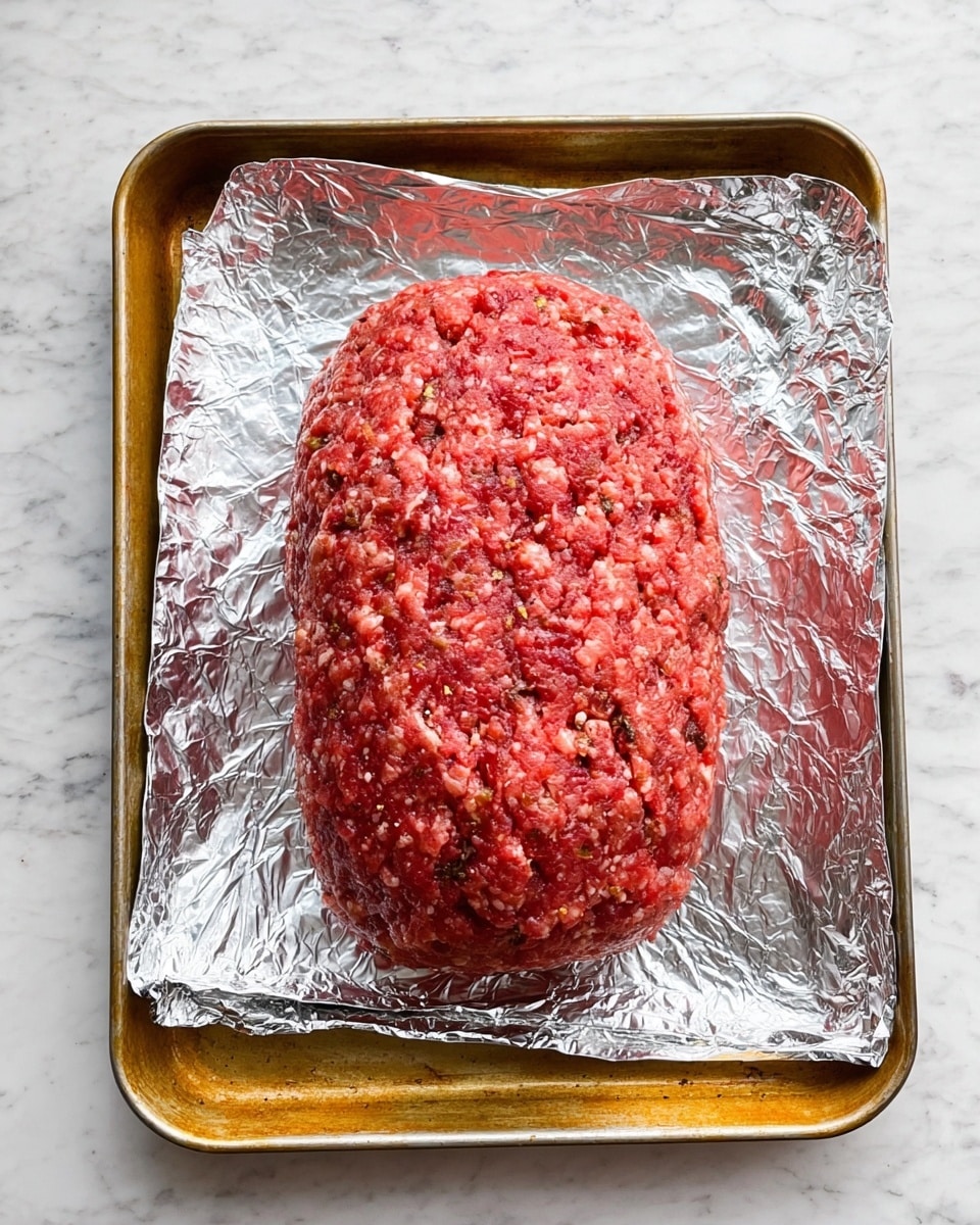 A raw, oval-shaped meatloaf mixture with a textured surface in shades of pink and red sits centered on a baking tray lined with shiny silver foil. The tray has a gold edge, and it rests on a white marbled surface. The meatloaf looks fresh and unbaked, with small bits of seasoning visible within the meat. Photo taken with an iphone --ar 4:5 --v 7