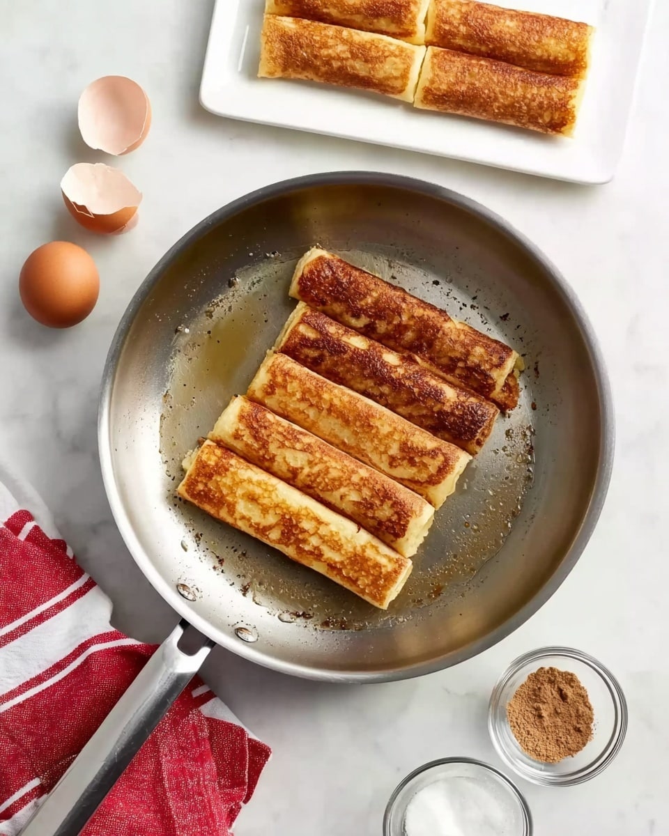 A silver frying pan sits on a white marbled surface, containing three rectangular golden-brown pieces of bread being cooked, each with a crispy texture on top. Above the pan, a white rectangular plate holds six more similar golden-brown bread pieces neatly arranged side by side. To the lower left, two broken brown eggshell halves rest next to a red and white striped cloth. To the lower right, two small transparent bowls hold a brown powder and a white substance, with the white bowl partly visible. The image shows a clean kitchen setting with clear and simple food preparation elements, photo taken with an iphone --ar 4:5 --v 7