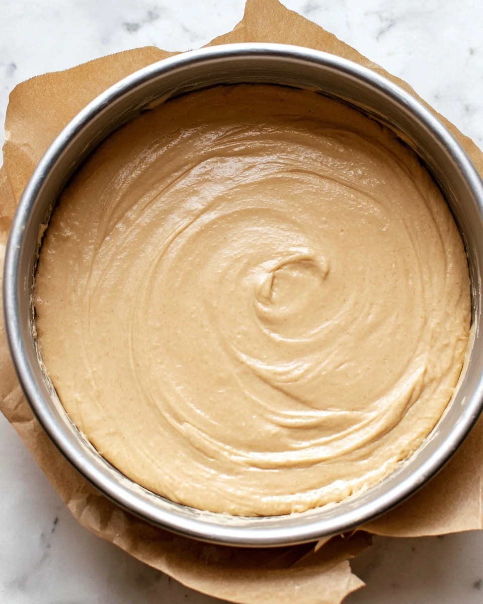 A close-up of a single round layer of smooth light brown batter evenly spread inside a silver baking pan. The batter has a creamy texture with gentle swirls and slight peaks on the surface. The pan rests on a piece of brown parchment paper over a white marbled surface. Photo taken with an iphone --ar 4:5 --v 7