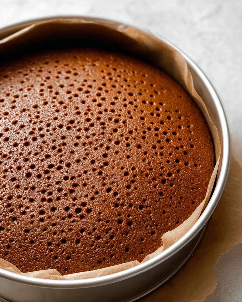 A round brown cake with a soft, spongy texture is shown inside a silver round baking pan. The cake surface is dotted with many small holes all over, giving it a textured, porous look. The pan is resting on a piece of light brown parchment paper, placed on a white marbled surface. The close-up photo highlights the even baking and rich brown color of the cake. photo taken with an iphone --ar 4:5 --v 7