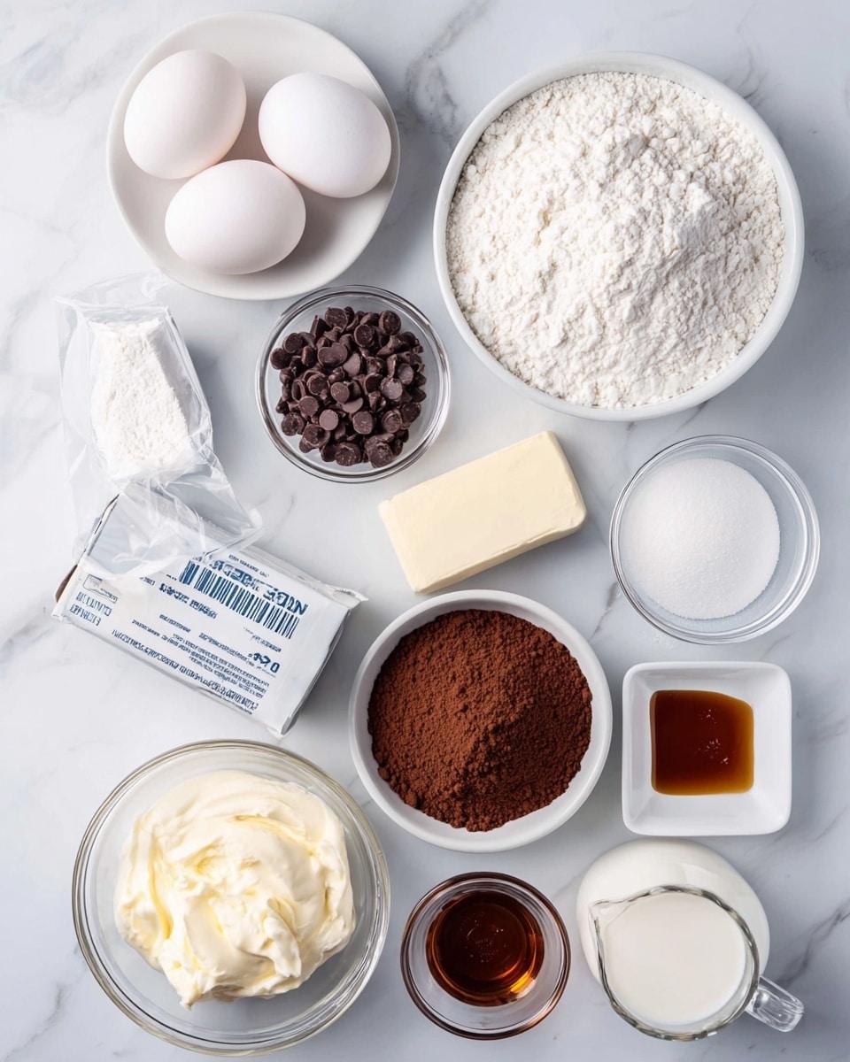 The image shows various baking ingredients arranged neatly on a white marbled surface. There are two white bowls with two white eggs and chocolate chips, a clear bowl filled with white flour, and another clear bowl with white sugar. A small clear bowl contains salt, and in a white bowl, there is thick white cream. A stick of unsalted butter with a silver wrapper is placed near a small white square dish filled with brown vanilla extract, and another clear bowl has dark brown cocoa powder. A glass measuring cup holds white liquid cream. All the ingredients are spread out clearly and cleanly. photo taken with an iphone --ar 4:5 --v 7