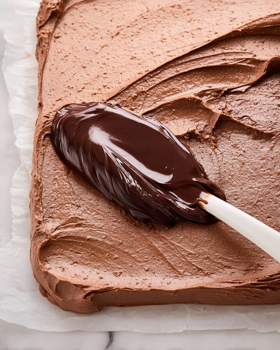 The image shows a thick, smooth layer of light brown chocolate base spread evenly on a white marbled surface with slightly crumpled parchment paper under it; on top of this is a spoon spreading a shiny, darker brown, thick chocolate layer with visible glossy texture, covering part of the lighter base layer, the spoon has a white handle and is angled with the shiny chocolate lifting slightly as it spreads the topping. photo taken with an iphone --ar 4:5 --v 7