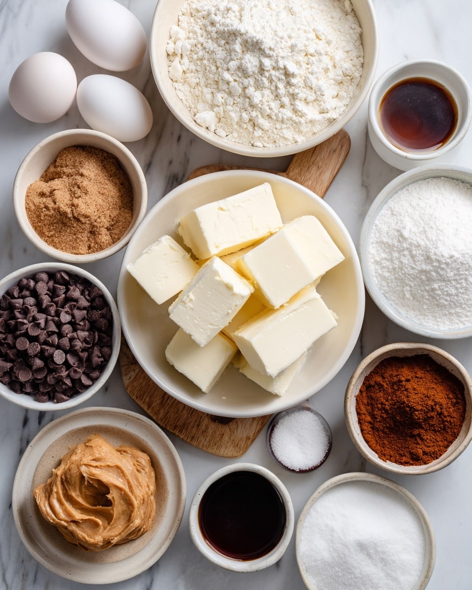 The image shows various baking ingredients arranged closely on a white marbled surface and wooden board. In the center, a white bowl holds six thick blocks of cream cheese with a smooth, creamy texture. To its left, two white eggs rest in a small white bowl. Above the cream cheese, a light beige bowl contains white all-purpose flour with a powdery texture. Nearby, a white bowl is full of small, dark brown chocolate chips. To the right, a small white bowl holds a dark brown liquid vanilla extract, while a smaller white dish contains dark vanilla bean paste with visible specks. Below the cream cheese, a white bowl is filled with a smooth, light brown cookie butter scoop. Around these, there are multiple white bowls with granulated sugar, dark brown sugar with a moist, crumbly texture, and powdered sugar that looks soft and fine. Additionally, a light beige plate features white baking powder, white baking soda, a pinch of salt, and a small pile of cinnamon powder in orange-brown color. An empty white bowl with remaining unsalted butter residue sits at the bottom. The arrangement is neat, and all bowls and plates are white except for one light beige plate and bowl, all placed on a white marbled surface. photo taken with an iphone --ar 4:5 --v 7