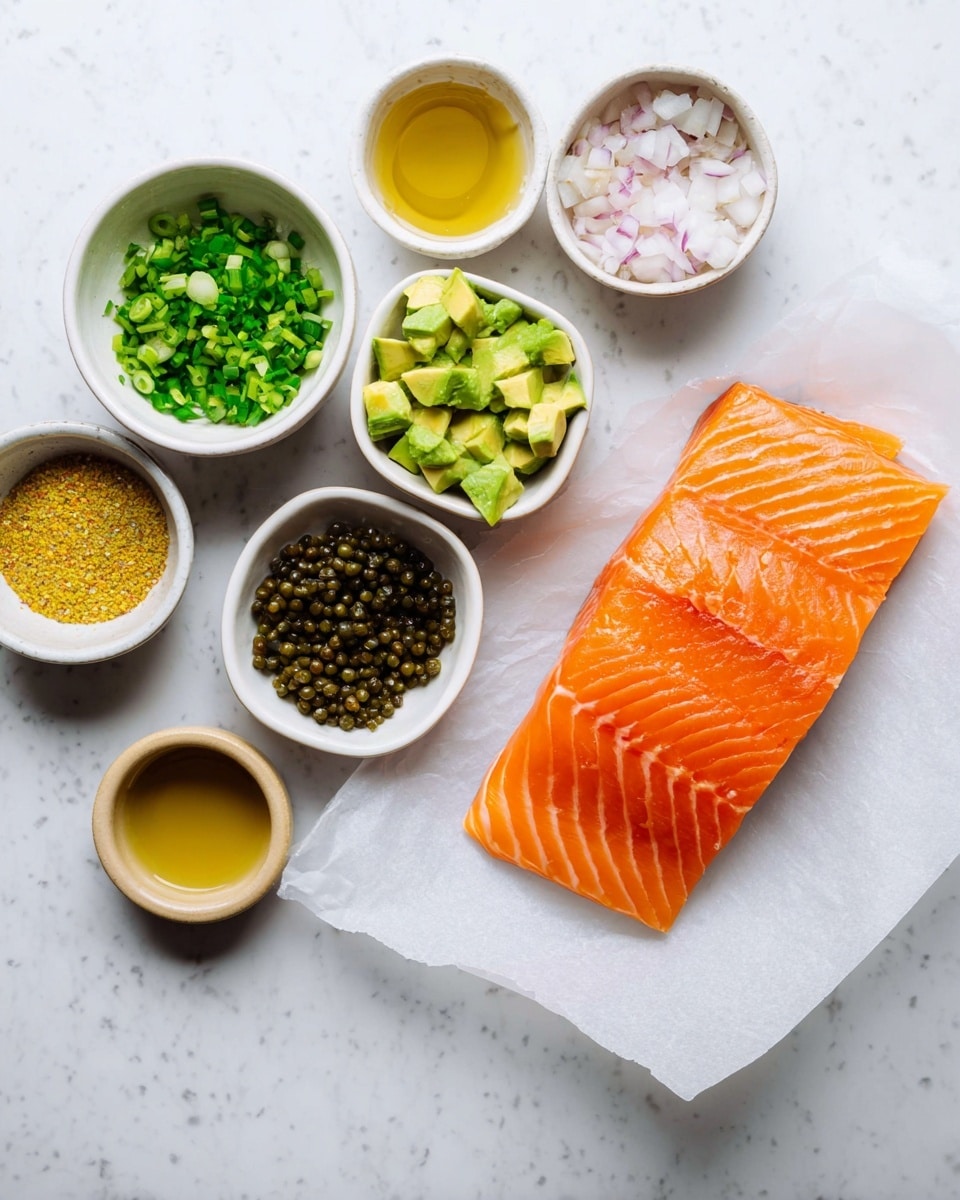 The image shows a flat lay arrangement of ingredients on a white marbled surface. In the center, there is a bright orange salmon fillet with visible light lines, placed on a piece of white parchment paper. Around it, small white bowls hold different ingredients: finely chopped green avocado, diced pale pink shallots, dark green capers, and finely chopped green chives. Several small brown and yellow bowls contain mustard with visible seeds, salt, and light golden liquids, likely oils or vinegar. The colors contrast nicely against the white marbled surface, creating a fresh and clean look. Photo taken with an iphone --ar 4:5 --v 7