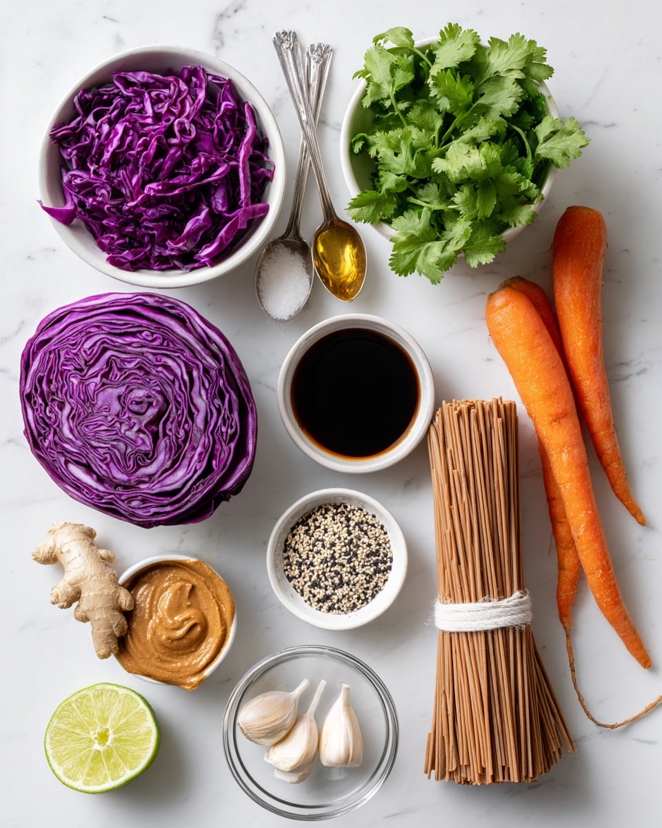The image shows ingredients arranged neatly on a white marbled surface. There is a half of bright purple red cabbage centered, two long orange carrots to the right, and a bowl full of fresh green cilantro leaves above the carrots. On the lower left side, there is a white bowl filled with smooth light brown peanut butter, near it are three garlic cloves and a piece of fresh ginger root. A lime sliced in half shows its juicy green inside at the bottom left. Above the cabbage, two silver spoons contain toasted sesame oil and white sugar. A small white bowl holds black and white toasted sesame seeds to the left of the cabbage. Below the carrots, a small glass bowl holds dark tamari sauce. At the bottom right, a neat bundle of brown soba noodles tied with a strip of paper is placed. The layout is clean and bright. Photo taken with an iphone --ar 4:5 --v 7