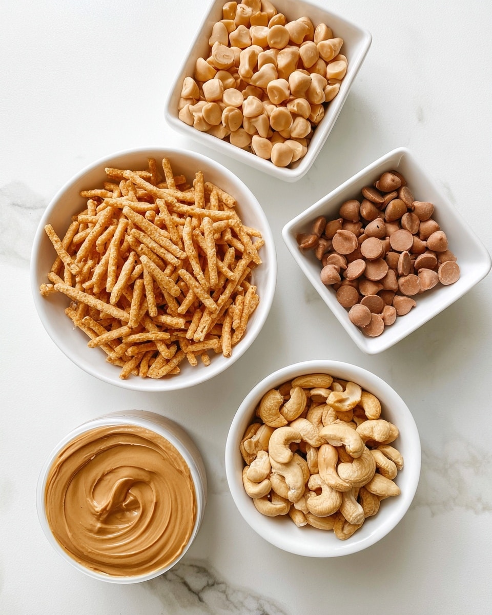 The image shows five white bowls arranged on a white marbled surface. The largest bowl contains light brown crispy noodle-like sticks filling the bowl. To the top right, a smaller square bowl holds round caramel-colored butterscotch chips. Below it on the left, a similar square bowl is filled with light brown peanut butter chips. To the right of that, a round bowl is filled with light and dark brown roasted cashew nuts. At the bottom center, a small round bowl contains smooth peanut butter with a swirled texture on its surface. Photo taken with an iphone --ar 4:5 --v 7