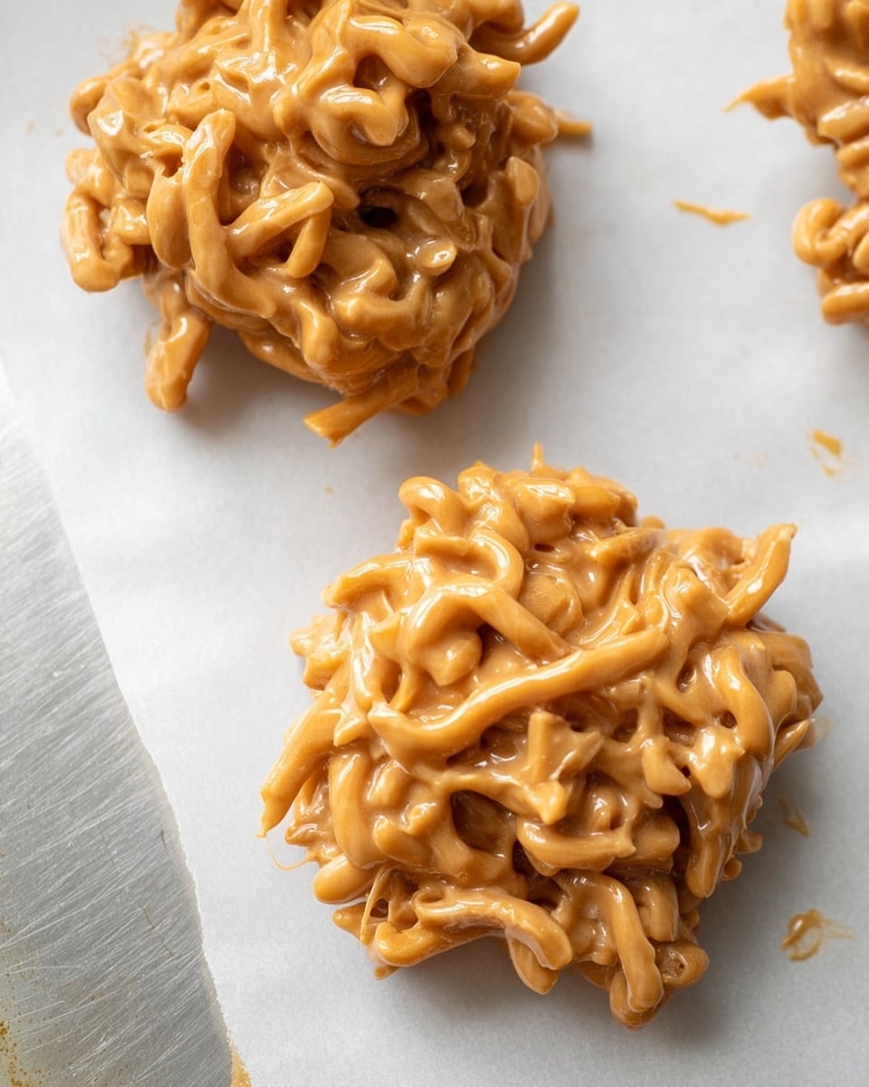 Two clusters of light brown peanut butter and chow mein noodles sit on white parchment paper over a metal surface. Each cluster has several noodle strands coated in a thick sticky peanut butter layer, intertwined and piled together in irregular round shapes. The texture looks smooth and creamy with some shiny parts showing the peanut butter glaze. The clusters are spaced apart, with one near the top center and one near the middle bottom of the image. photo taken with an iphone --ar 4:5 --v 7