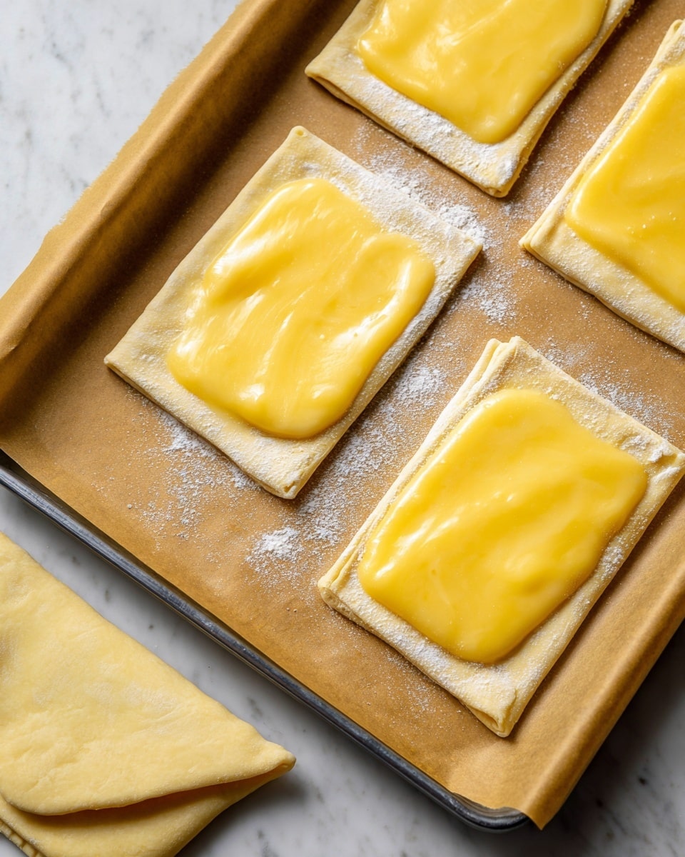 The image shows four rectangular pieces of light golden pastry dough on a baking tray lined with brown parchment paper. Each dough piece has a thick, glossy, smooth yellow filling spread in the center, while the edges are left clear and dusted with flour. In the bottom left corner, a folded pastry piece is visible with the filling sealed inside. The overall look is clean and organized, with a contrast between the soft yellow filling and the pale dough. The scene is set on a white marbled textured surface. Photo taken with an iphone --ar 4:5 --v 7