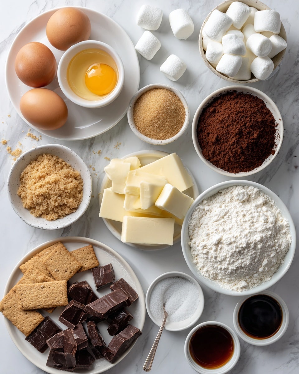 A top-down view shows various baking ingredients neatly arranged on a white marbled surface. In the top left, three whole brown eggs and one cracked egg with its yolk in a small white bowl rest on a white plate. Scattered next to them are fluffy white marshmallows. To the right, a white bowl filled with rich dark brown cocoa powder sits next to a small white bowl of white salt. Below, a white bowl holds light brown sugar, and next to it are pale yellow sticks of butter on a white plate with a spoon. Crushed graham crackers spread out in the lower-left corner. Near the center bottom, a white plate holds dark chocolate chunks. Two small white bowls near the bottom right contain baking powder and dark vanilla extract. A larger white bowl filled with white flour completes the set of ingredients on the right side. The image is bright and clean with everything spaced neatly. Photo taken with an iphone --ar 4:5 --v 7