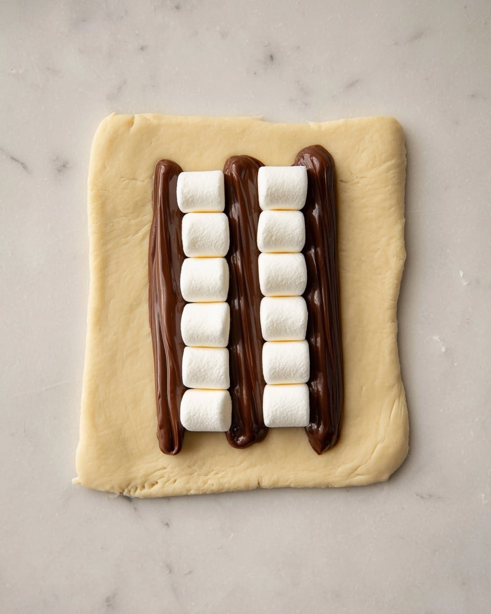 A square piece of light beige dough lies flat on a white marbled surface, with two thick dark brown chocolate lines placed vertically near the center. On each chocolate line, there is a row of small white marshmallows stacked evenly in two columns, with four marshmallows on the left line and five on the right. The dough has a smooth texture and slightly uneven edges. photo taken with an iphone --ar 4:5 --v 7