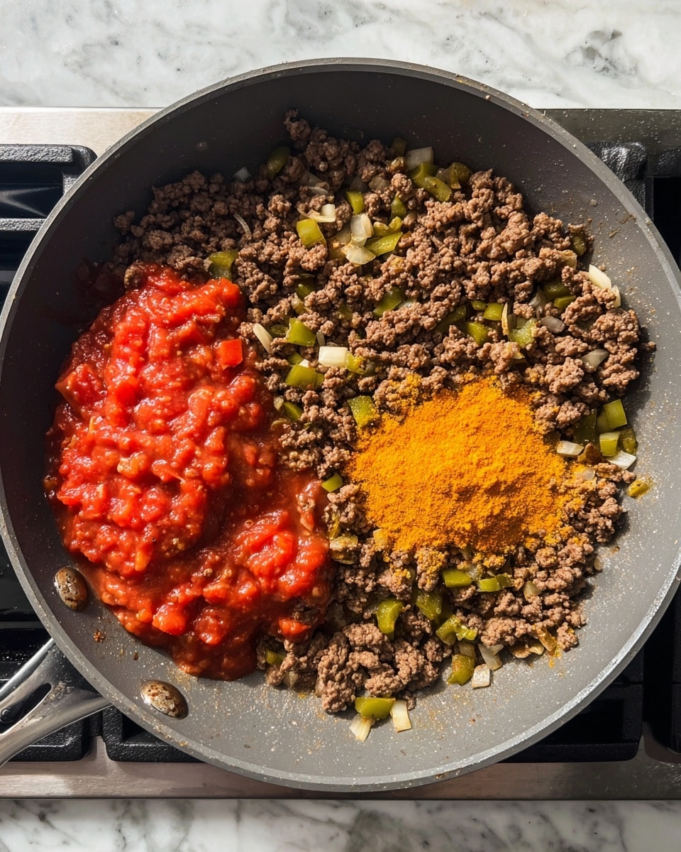 A grey non-stick pan sits on a stove with cooked ground beef mixed with small pieces of green bell peppers and white onions, covering most of the pan’s surface. On the left side of the pan, there is a mound of chunky red tomato sauce with visible pieces of tomatoes and green peppers. On the right side, a bright yellow-orange spice powder sits on top of the beef mixture, not yet mixed in. The stove surface is silver with visible black grates, and the countertop next to it has a white marbled texture. Photo taken with an iphone --ar 4:5 --v 7