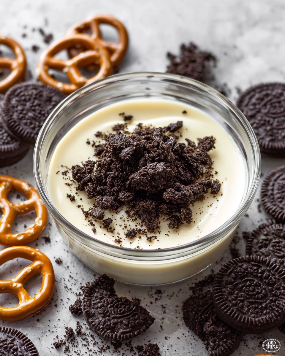 A clear glass bowl placed on a white marbled surface holds a smooth, creamy white layer of melted white chocolate. On top of this layer, there is a pile of dark brown crushed Oreo cookie pieces scattered unevenly. Surrounding the bowl on the white marbled surface are whole Oreo cookies, dark brown with detailed patterns, and small, shiny brown pretzels with a twisted shape. The image has bright, natural lighting highlighting the textures. photo taken with an iphone --ar 4:5 --v 7