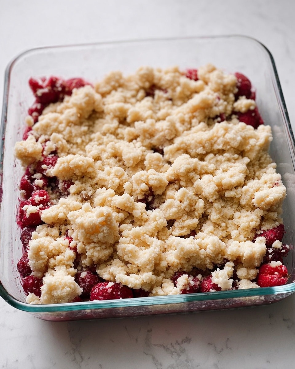 A clear square glass baking dish holds a two-layer dessert. The bottom layer shows bright red raspberries, some peeking through. The top layer is light beige crumbly dough, unevenly spread with small, clumpy pieces, giving a rough texture over the fruit. The dish rests on a white marbled surface. photo taken with an iphone --ar 4:5 --v 7