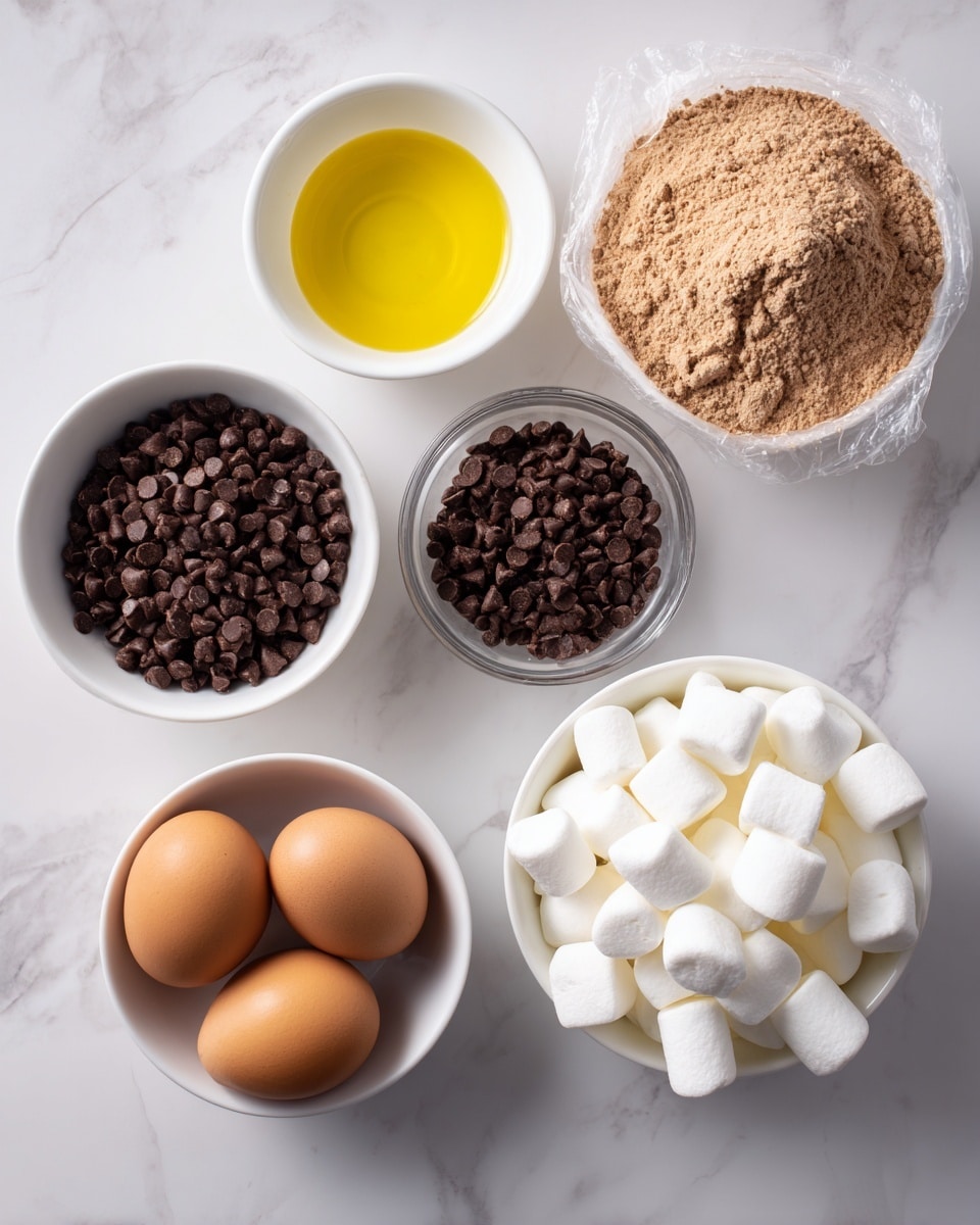 The image shows six containers on a white marbled surface, each holding different baking ingredients. At the top right, there is a plastic bag filled with light brown powder labeled chocolate cake mix. Below it is a small white bowl with golden-yellow oil. In the middle right, a clear white bowl holds tiny, dark brown mini chocolate chips. On the left side, a small white bowl is filled with dark chocolate chips at the top, and below it, another white bowl holds two brown eggs. Lastly, at the bottom center, a larger white bowl contains white marshmallows. The arrangement is neat with each ingredient clearly visible, photo taken with an iphone --ar 4:5 --v 7