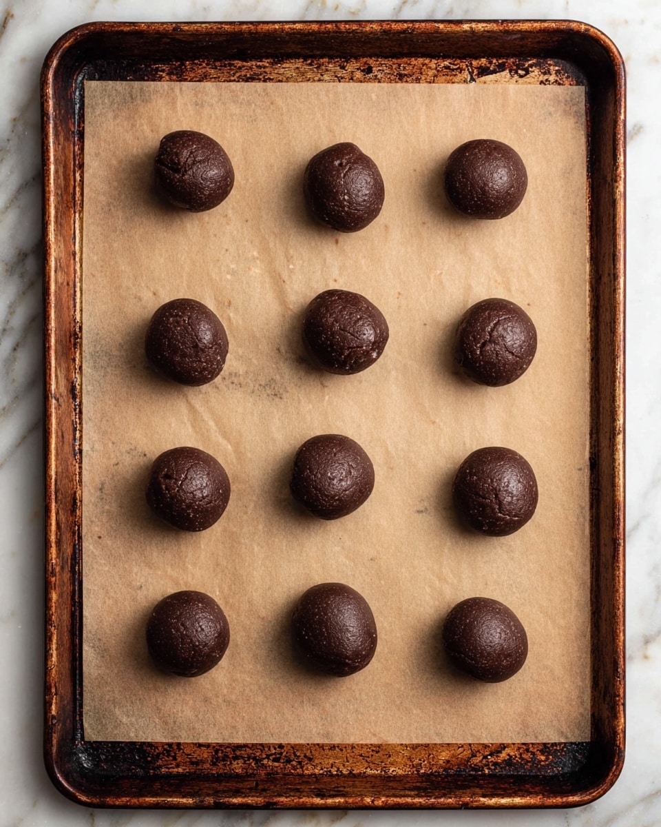 The image shows eight dark brown cookie dough balls evenly spaced on a sheet of baking paper. The baking paper lies on an old, worn, rusty rectangular baking tray. The cookie dough balls have a smooth and slightly shiny texture, and they are round and uniform in size. The whole tray is placed on a white marbled surface. photo taken with an iphone --ar 4:5 --v 7