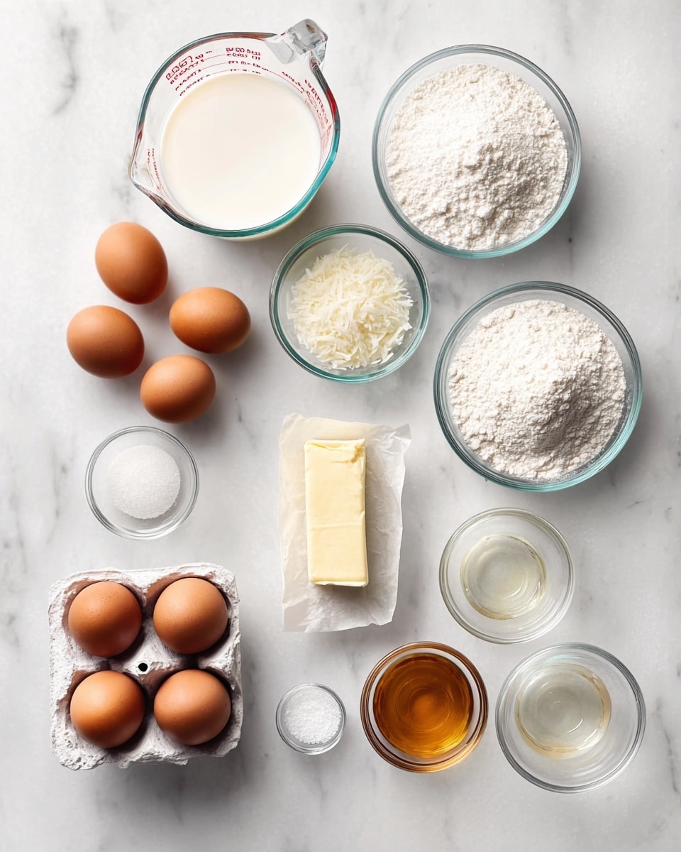 The image shows a top view of various baking ingredients neatly arranged on a white marbled surface. There are three glass bowls with white powdery flour, granulated sugar, and shredded white coconut, all placed in the middle area. Four brown eggs are in a clear glass bowl to the left, while six brown eggs are placed in a white egg holder at the bottom left. A rectangular stick of butter wrapped in paper is positioned below the eggs. A large Pyrex measuring cup filled with a white liquid is at the top left. Several small glass bowls hold clear liquids and powders, including one with a light amber liquid and others with white or clear substances, scattered mainly on the right side. The scene is brightly lit with a clean and organized look, photo taken with an iphone --ar 4:5 --v 7