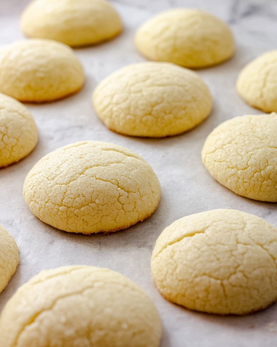 The image shows a batch of soft, round cookies arranged in a loose grid on white parchment paper. Each cookie is pale yellow with a slightly cracked surface, giving a subtle texture of light crevices and a smooth dome shape. The cookies are evenly spaced with slight shadows beneath, enhancing their fluffy appearance, and the background is a white marbled texture. Photo taken with an iphone --ar 4:5 --v 7
