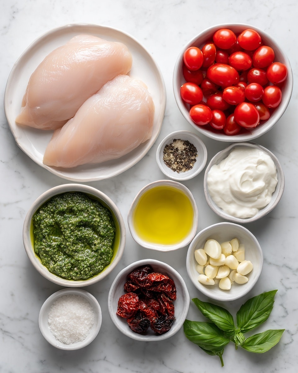 The image shows ten ingredients arranged neatly on a white marbled surface. On the left, two smooth, pale pink chicken breasts lie on a white round plate. To the right, there are two small white bowls: one filled with bright red cherry tomatoes, some whole and some sliced in half, and the other with vibrant green pesto sauce with a slightly chunky texture. Above these, a small white bowl holds thick white heavy cream. Surrounding these are five small white bowls placed in a loose grid: one with finely chopped white garlic, another with dark brown pepper, a third holding coarse white salt, a fourth bowl containing dark sun-dried tomatoes with wrinkled texture, and the last with fresh green basil leaves. Between the main bowls is a small white dish with pale yellow olive oil, smooth and glossy. The arrangement is clean and organized, with labels floating above each ingredient. The background is a white marbled texture photo taken with an iphone --ar 4:5 --v 7