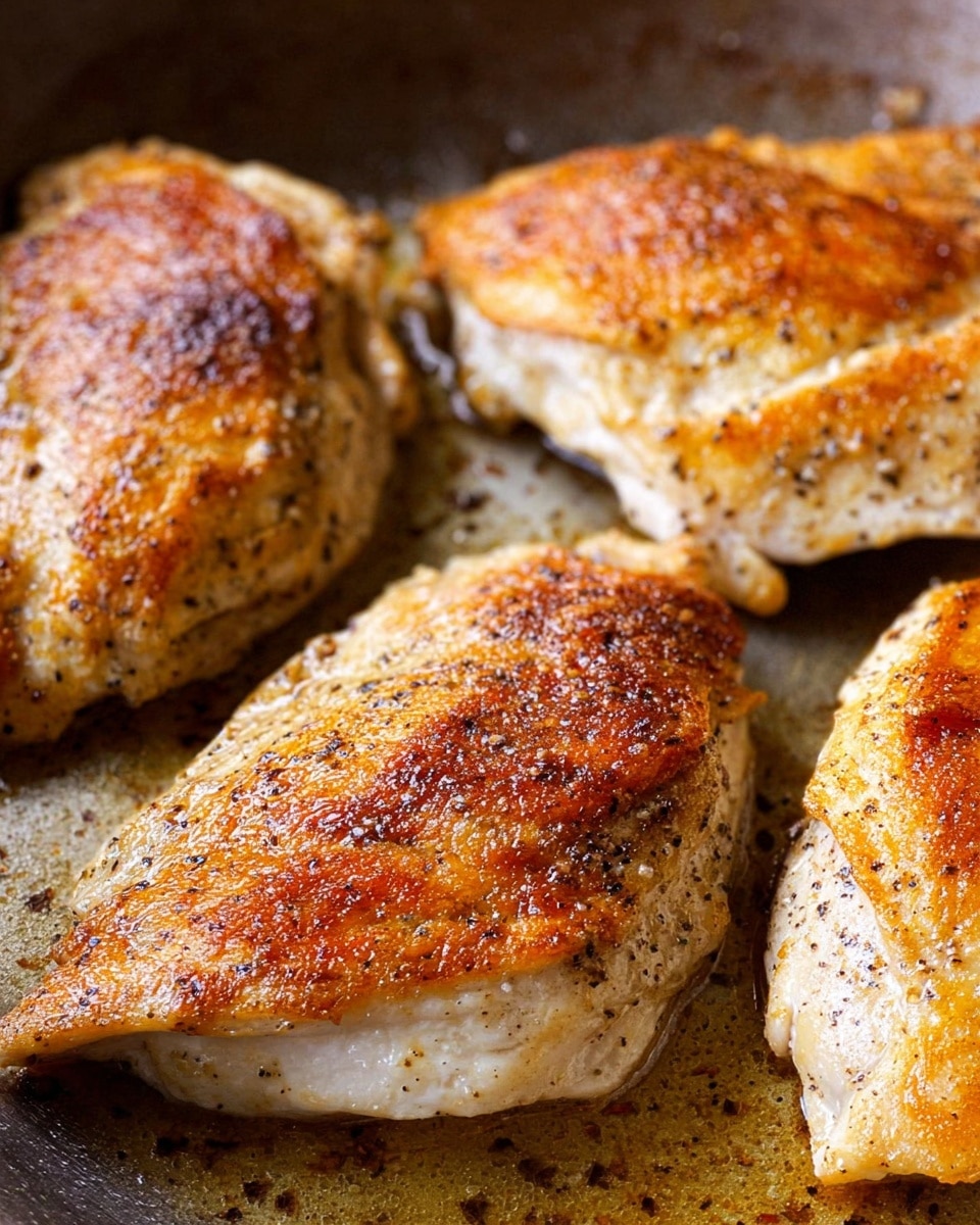 Four golden brown chicken pieces are shown close up in a pan, each piece showing a crispy, slightly oily texture with visible seasoning of black pepper. The chicken layers have a cooked white inner color with a nice browned outer layer that is evenly seared. The pan beneath has a light coating of cooking oil and small browned bits. The background has a soft focus and the overall image looks warm and inviting. Photo taken with an iphone --ar 4:5 --v 7