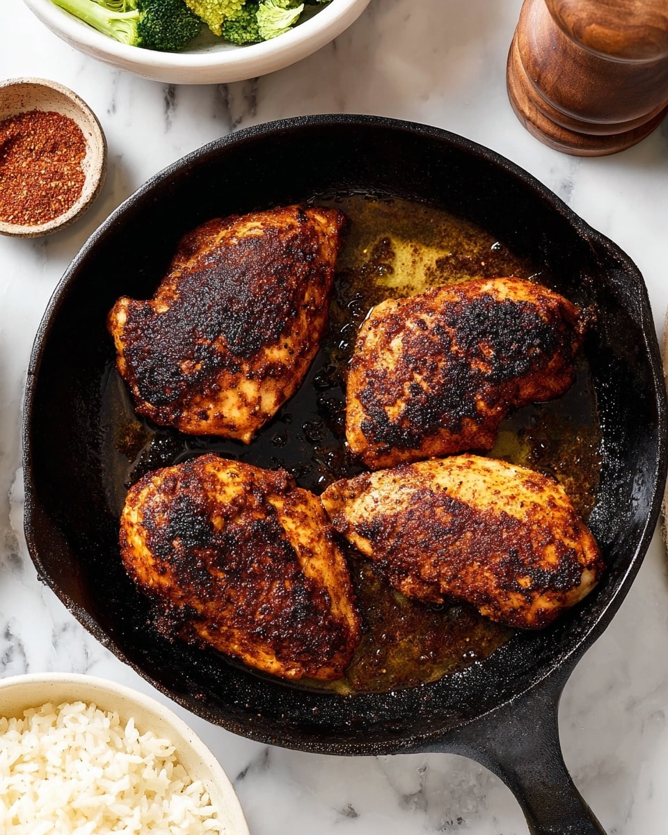 A black cast iron pan holds four pieces of cooked chicken with a deep orange and dark charred spice crust on top, showing a crispy texture with some oil pooling around them. The pan is placed on a white marbled surface, with parts of a white bowl of rice at the bottom and a bowl of green broccoli at the top left corner, and a small container of reddish spice on the lower left. A wooden pepper grinder is visible in the upper right corner. Photo taken with an iphone --ar 4:5 --v 7