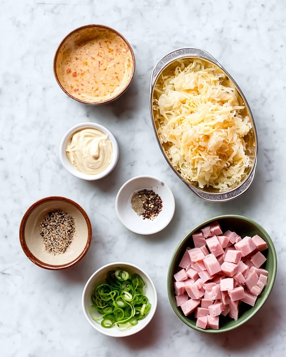 The image shows six small bowls and containers arranged on a white marbled surface. Starting from the bottom right, there is a white bowl filled with cubed pink ham. Above it to the right is a green bowl packed with light yellow shredded sauerkraut. In the center is an oval silver container filled with shredded cheese in pale yellow color. At the top center is a small brown bowl with a sauce that looks creamy orange with specks. To the left of that is a white bowl filled with smooth white mayonnaise. Bottom left shows a small brown bowl containing green sliced scallions. Last, at the top left, there is a tiny white bowl holding a mix of black pepper and other spices. The setup is clean and bright. photo taken with an iphone --ar 4:5 --v 7