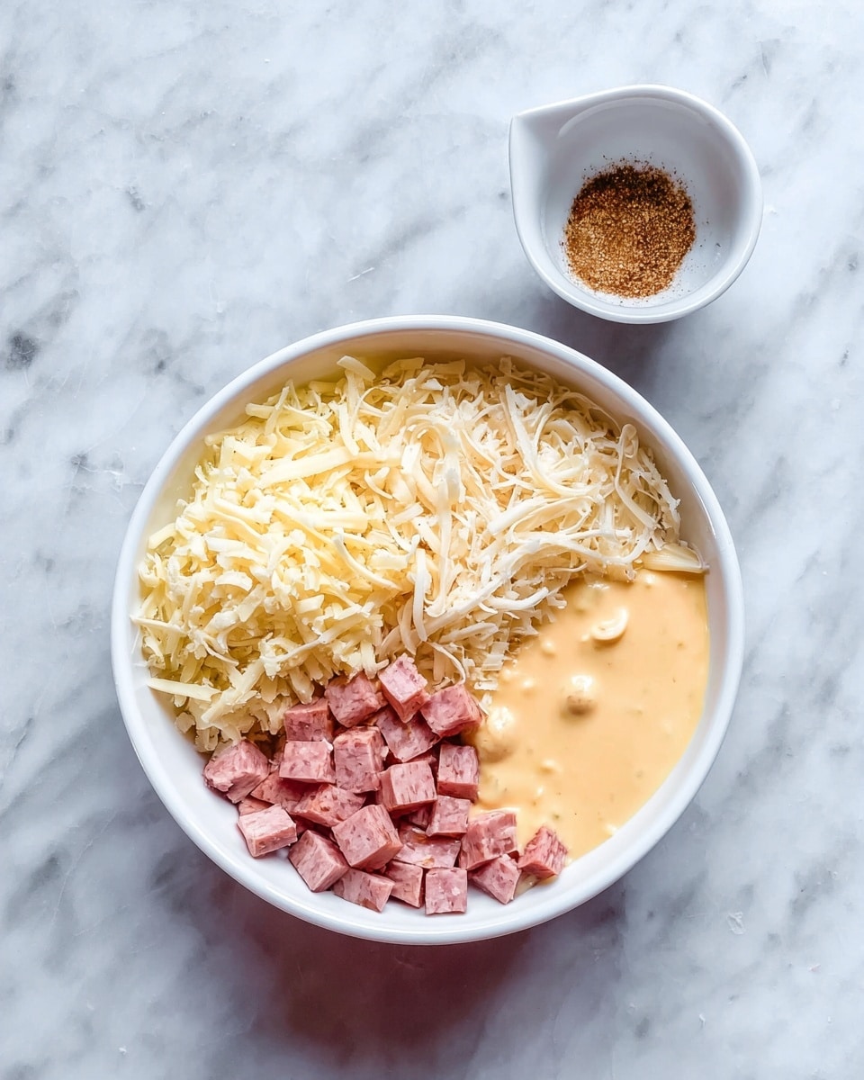 A white bowl sits on a white marbled surface, filled with four distinct layers of ingredients arranged side by side. One section has pale yellow grated cheese with a soft texture, next to a light beige shredded ingredient that looks soft and slightly wet. Another section contains small, square pink pieces that have a firm texture, and the last section has two creamy sauces—one is a smooth pale yellow, and the other is a light orange with a slightly chunky texture. A small white cup with brown seasoning is placed above the bowl, on the marbled surface. Photo taken with an iphone --ar 4:5 --v 7