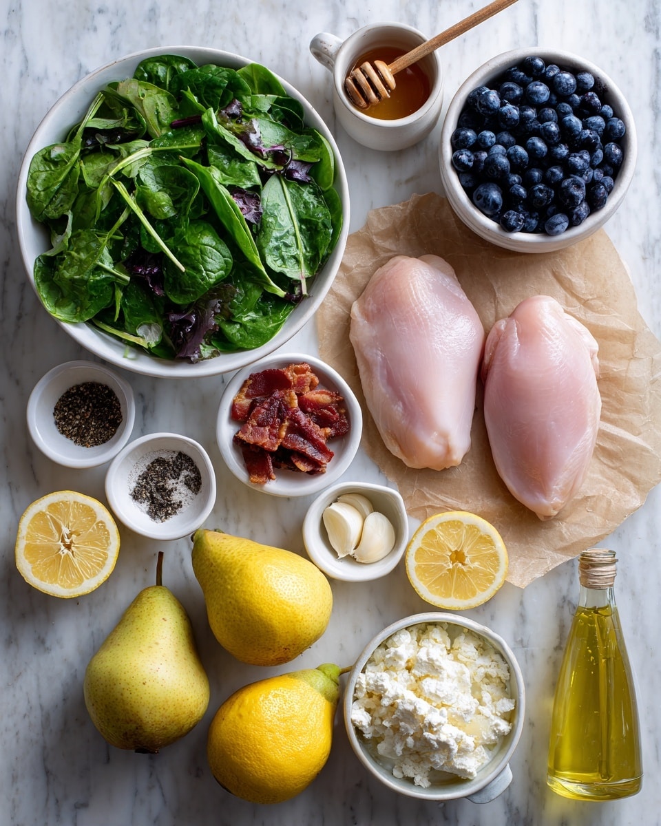 The image shows various fresh ingredients arranged on a white marbled surface. In the center-left, a white bowl is filled with a vibrant green spring mix of leafy vegetables, including spinach and mixed greens. To the right, two raw chicken pieces rest on brown parchment paper, light pink with smooth texture. Above the chicken, a small white bowl holds crispy, reddish-brown bacon bits, while next to it another white bowl is packed with dark blue, plump blueberries. Near the top left, three small white dishes contain ground black pepper, salt, and Italian seasoning, each in different shades of brown, white, and green. A rustic cup of honey with a wooden honey dipper sits above the seasoning bowls. Sliced bright yellow lemons are placed to the left side, with two whole yellow pears below. A small amount of minced garlic sits in a tiny white bowl near the pears. Below the spring mix is a white bowl filled with creamy, white goat cheese crumbles. A glass bottle of golden olive oil is positioned near the lemons. Each ingredient is clearly visible and neatly arranged, with labels annotating each element. Photo taken with an iphone --ar 4:5 --v 7
