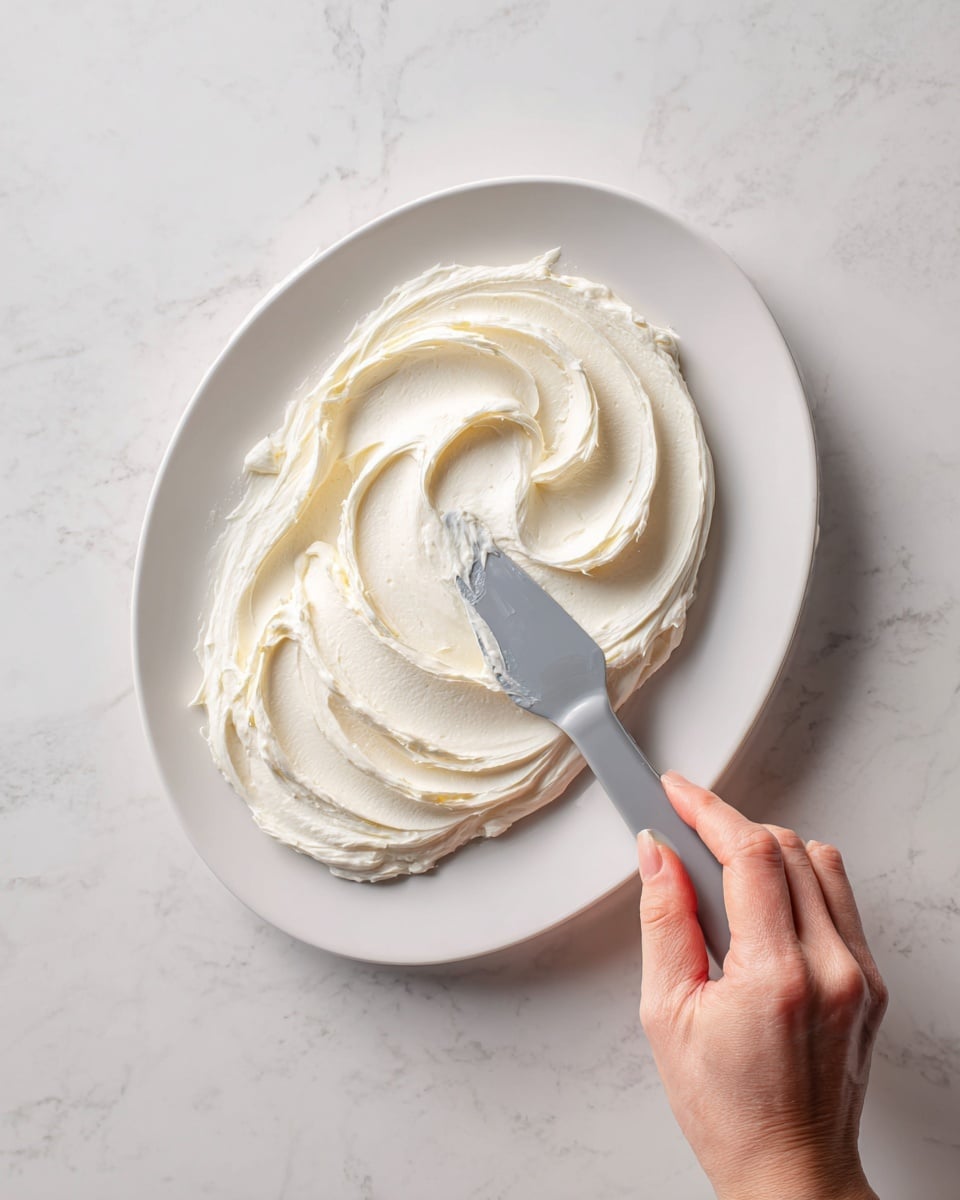 A white oval plate holds a thick layer of smooth, creamy white spread being evenly spread by a woman’s hand using a gray spatula, the spread showing light texture and soft swirls. The plate sits on a white marbled surface, creating a clean and bright background. Photo taken with an iphone --ar 4:5 --v 7